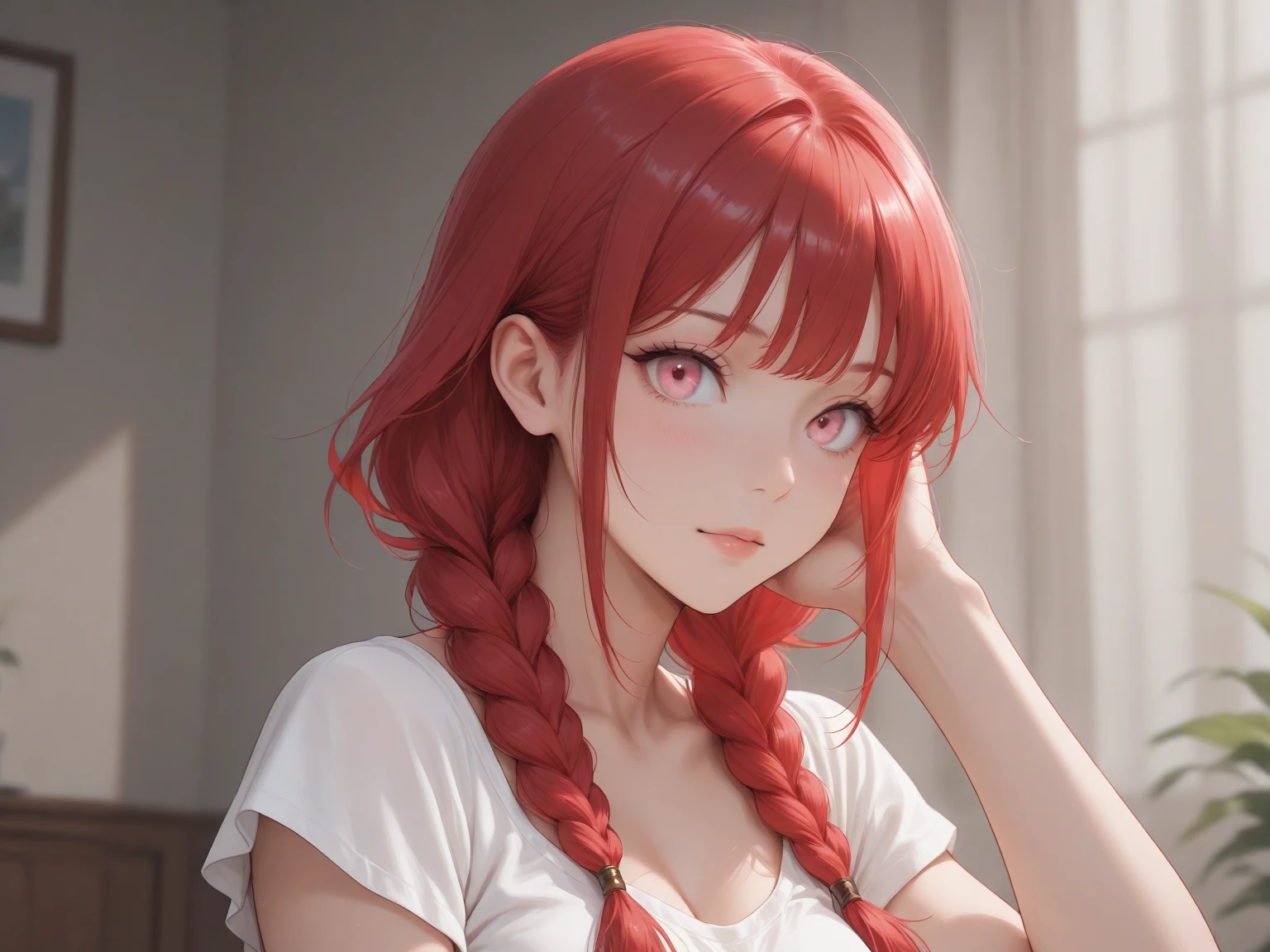 master-piece, (photorealistic portrait:1.4), beste-Qualit, Beautiful lighting, (ulzzang-6500:0.5), Makima \(Fanatic\), (Redhead)+(Long pigtails)+(claque), Yellow eyes, golden eyes , ((Big eyes)), (Plain black T-shirt),Jeans, raw photograph, 8k uhd, The film is facing people straight At a fashion show. A lot of people.