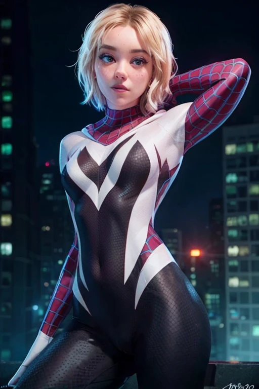 Gwen-aranha, She is exciting and squatting with her legs open, traje detalhado e musculatura, seios grandes, Athletic body, perfectly shaped buttocks,cores vibrantes,facial expressions that exude confidence and allure,spider web pattern on costume,dynamic lighting,foco nítido,estilo anime,olhos brilhantes,quadris atraentes,cintura fina,Tall and fit build+pernas longas.