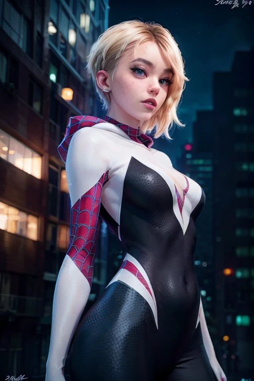 (Highly quality, masterpiece, detailed), city detailed scenario, city detailed background, solo, gwen, spider gwen, blonde hair, multi colored hair, short hair, hairband, 1woman, crop top, spider symbol on the center, gloves, navel, on top of a building, perfect face, beautiful eyes, look at the viewer, Sexy pose