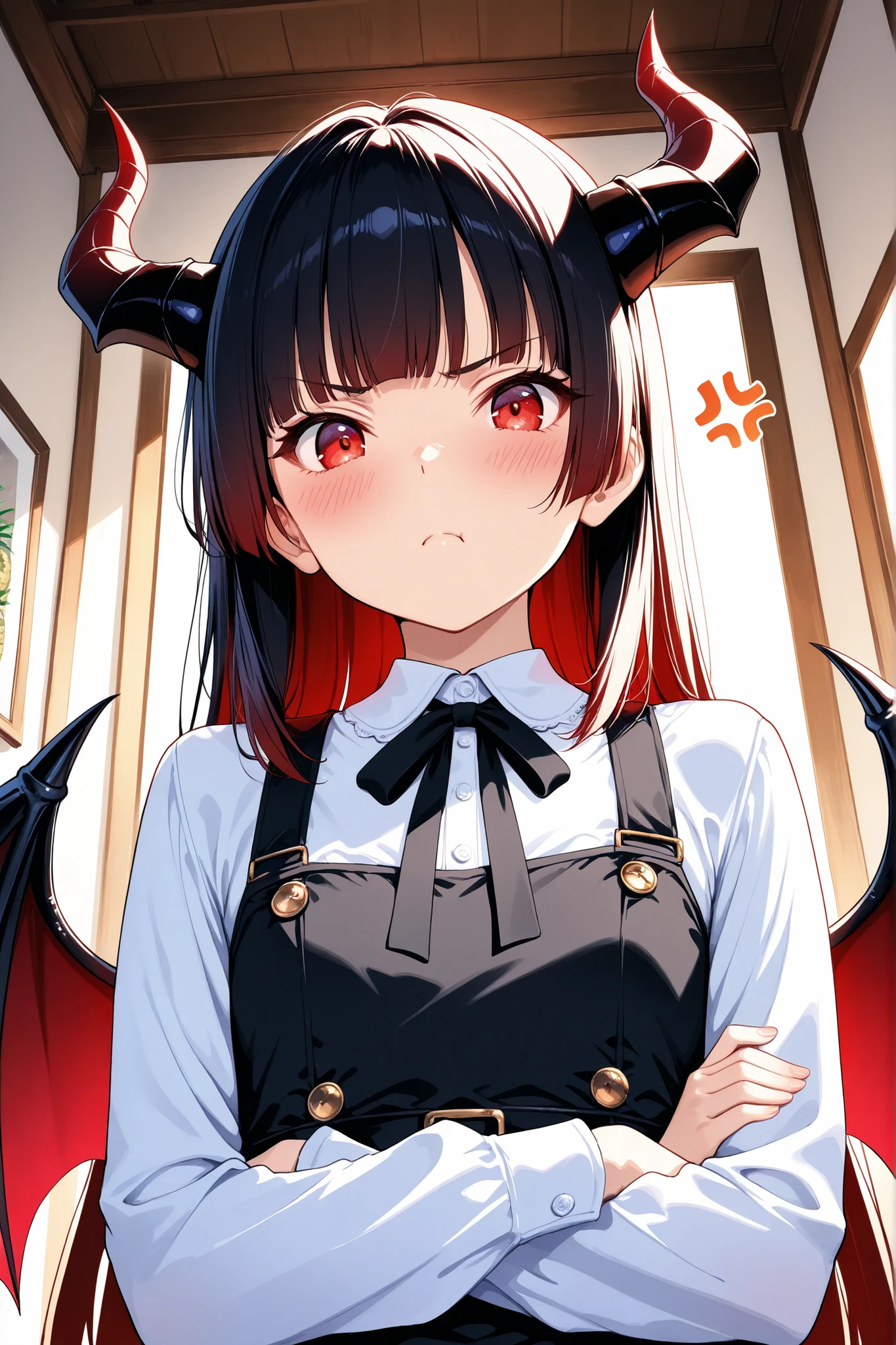 1 adult female,straight hair,Home Cut,black to red hair gradient,Demon Horn,black to red horn gradient,Demon Wings,Round eyes,Red Eyes,long pineapple dress,(flat chest),Angry Muscles,blush,cross your arms under your chest,watching viewers,closeup face,from below,Dutch Angle,Room,super detailed虹彩と瞳孔,watercolor, masterpiece, top quality, super detailed, high res, 8k, Precise, intricate details,sharp focus,dramatic shadows, perfect anatomy, detailed clothing, reflection by ray tracing,dynamic lighting,HDR,Cinematic Lighting, Global Illuminations,Golden ratio composition,radial composition,diagonal composition,