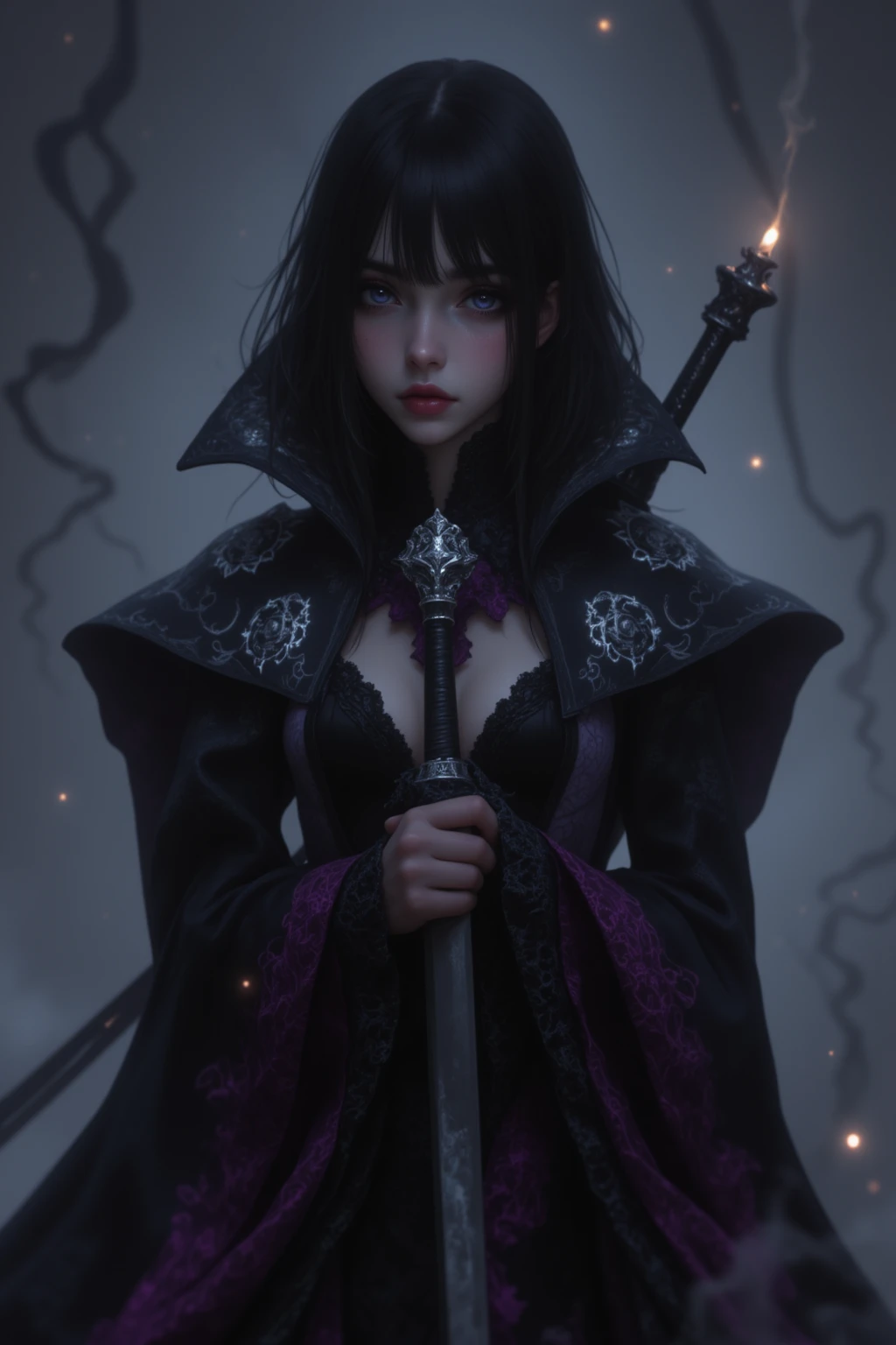 ((((masterpiece, Highest quality, Very detailed, very_expensive_solve, big_file size, Full Color)))), ((((Modern stressful society)))), Abstract illustration, CG, Dark worldview, Fantasy World, Big black vortex, darkness魔法, Wizard, (darkness), Magical Vortex, ((Purple Magic)), Gothic Girl Costume,