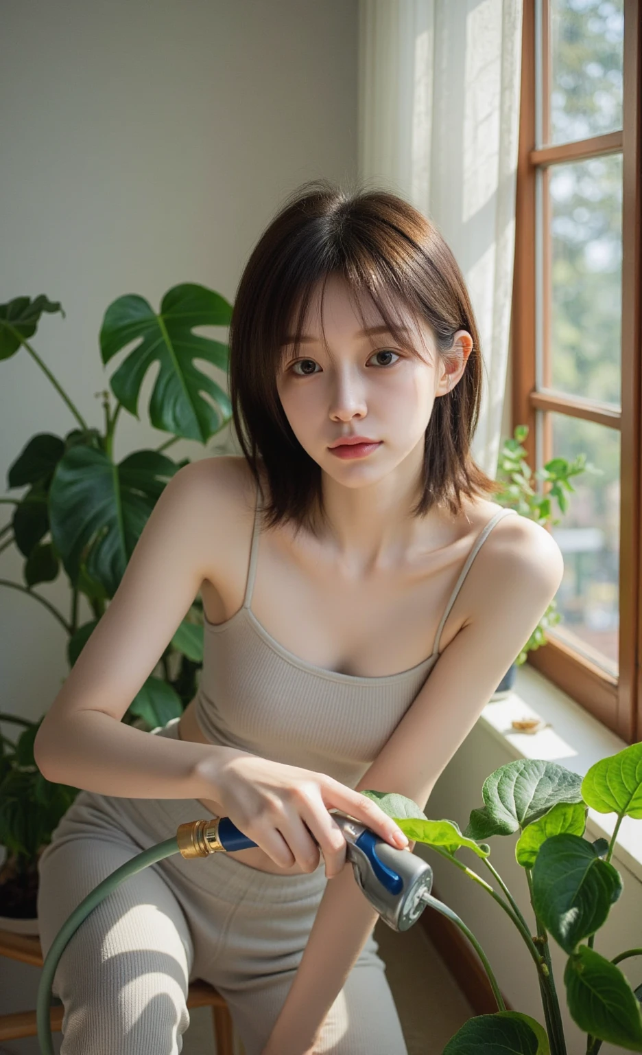 20yo woman, (masterpiece: 1.4), (8K, realistic, raw photo, best quality: 1.4), big, big butt emphasis, nipple areola shape clear, camera gaze, Japan person, (1 girl), beautiful face, (real face: 1.4), (amber colored hair), beautiful hairstyle, realistic green eyes, beautiful detail eyes, (real skin: 1.3), beautiful skin, attractive, ultra high resolution, ultra realistic, high definition, ( Japanese Talent: Mika Kano), wet and sheer tank top, off-sheller, short hair, wet and sheer white see-through panties, NSFW, sitting on the sofa, pubic shape is transparent and clear, drenched in sweat, pose (bend knees and legs wide open)