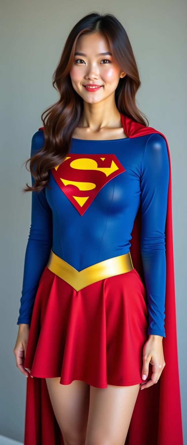 Super heroine white woman with cape with light blue and pink color
