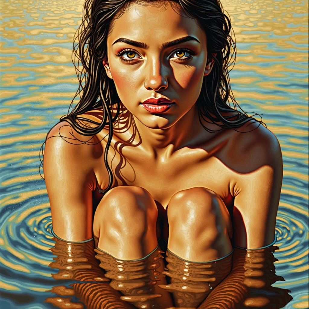 Immerse yourself in the captivating world of art, where two distinct styles harmoniously merge. In this visual masterpiece, we bear witness to the seamless fusion of reality and impressionism. The first subject is the hyper-realistic image of a black woman, her figure poised gracefully as she swims in the heart of the ocean. Her skin glistens with beads of water, each droplet reflecting the shimmering sun above.
The second subject comes alive through the brushstrokes of an oil painting, the ocean she swims in. Waves of vibrant blues and greens crash against one another, creating a mesmerizing tableau that perfectly complements the realism of