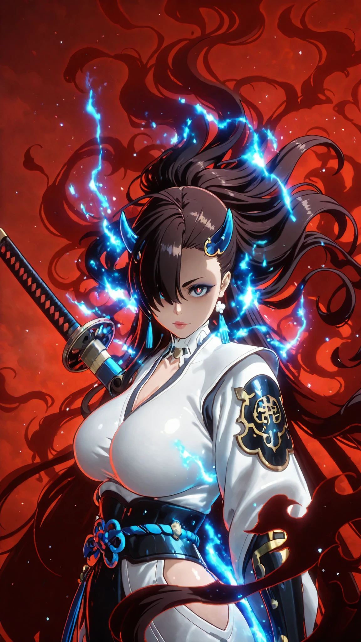 (hews art style:0.7), (hero neisan art style:0.7), score_9, score_8_up, score_7_up, score_6_up, score_5_up, score_4_up, uncensored, KJOcattleya, black hair, purple eyes, long hair, parted bangs, BREAK (masterpiece:1.2), best quality, high resolution, (detailed eyes:1.3), perfect lighting, (perfect hands, perfect anatomy), large breasts, 1girl, breasts, solo, cleavage cutout, cleavage, clothing cutout, large breasts, skirt, miniskirt, cropped jacket, makeup, lips, thighs, earrings, jewelry, looking at viewer,electricity, jacket, 