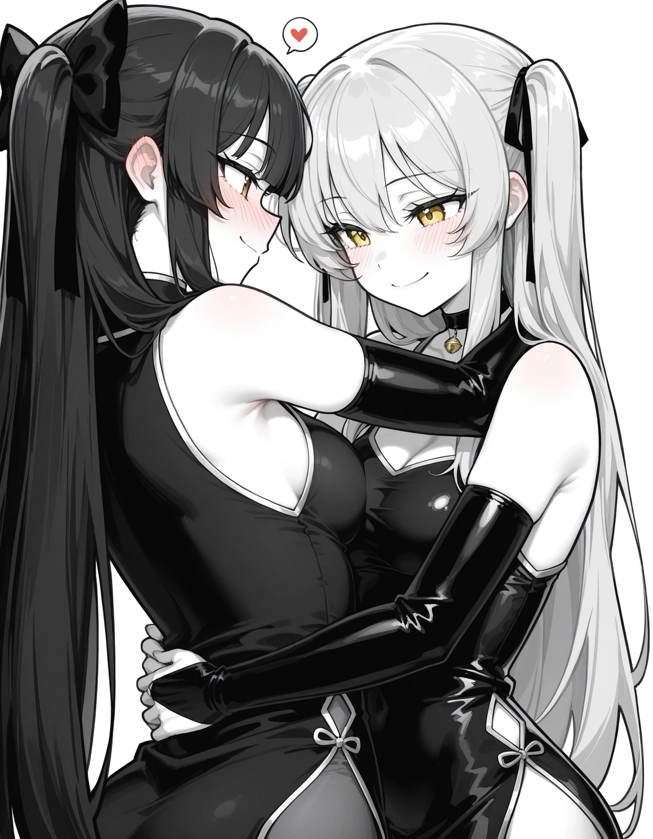 ((high quality)),Tabletop,(Detailed depiction of the local area:1.2),Two Girls,Ample breasts,Enchanted Valley,Mouth closed,eyelash,nipple bigboobs,Portraiture,Gray Hair,Black Theme,short hair,yorha no. 2 Type B,(((Gray Hair and black hair)))、((lily)) Full body image、(((Sixty-nine)))((Woman in white underwear、Woman in black underwear))((Two smiling people))((白い肌とDark Skin))(((Black Hair、Dark Skin、Woman in a black dress)))((White Thong))((Black Thong))(((Two people intertwined)))((kissをする2人))(() ((kiss)) ((Close ~ eyes))