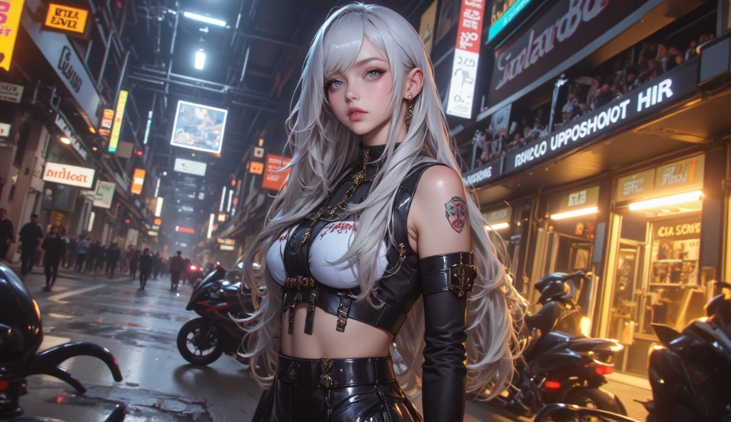 One girl, Gray Hair, Long Hair, Techwear masterpiece, highest quality, Realistic, realism, Dark purple jacket, Portraiture, Fine grain, , Platinum Hair, 21 year old girl, Fashion pose, Half Body, Wide shot, on the road, cyber punk,(((He has many tattoos all over his body)), (((Tight waist))), ((Big Breasts)),(See-through),panties