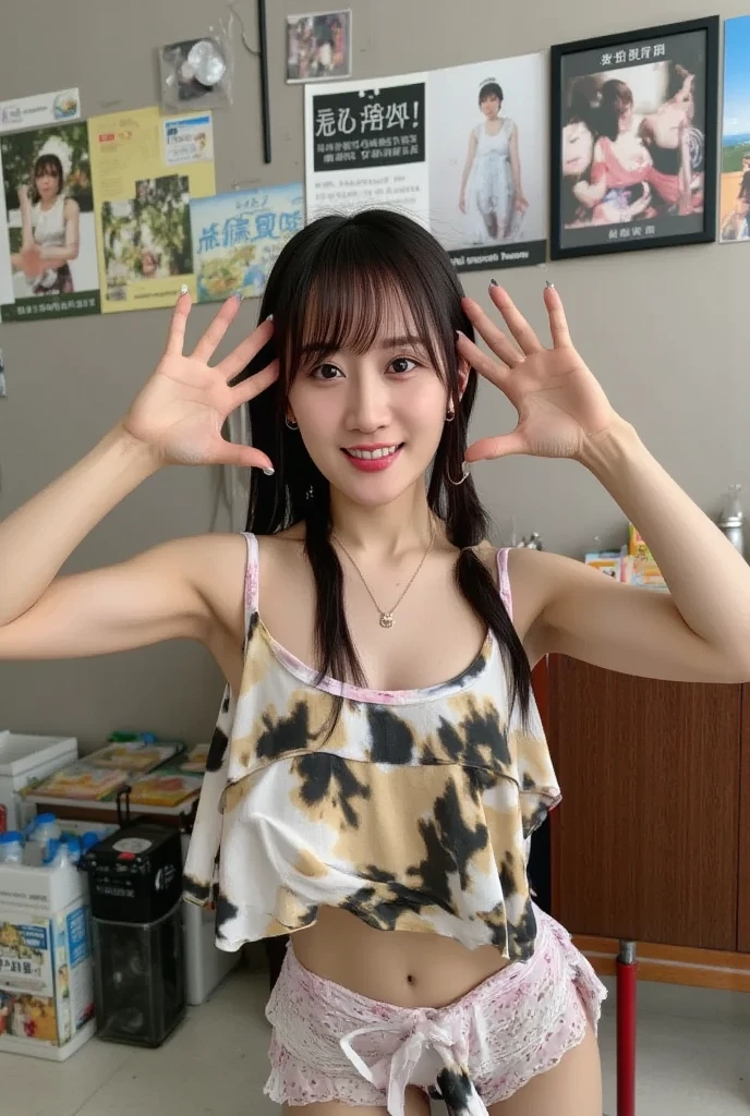 A beautiful girl,big booms, hands up, armpit hair 