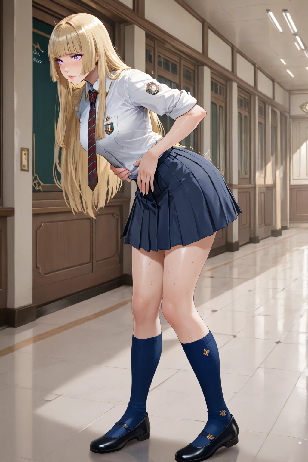 (((Masterpiece)))), high quality, perfect anatomy, illustration long blonde hair, blue eyes, slim body, miniskirt, flat chest, back view, underwear visible, miniskirt swaying, slender Boy with legs, femboy, real skin, looking back and smiling, knee-high socks, cute face, smile, school uniform, school hallway, many students,