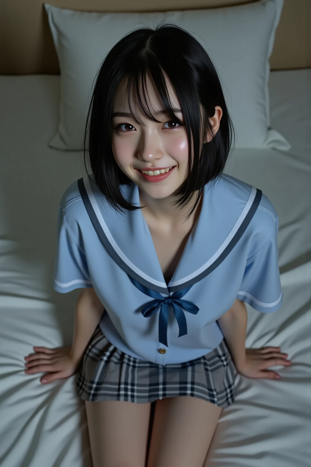 (masterpiece,Highest quality,High resolution,Realistic,photograph:1.2),(One high school girl:1.2), (((Short-sleeved sailor uniform), Navy blue pleated skirt)),(Smiling with teeth showing and eyes narrowed:1.3),(Bobcut,Brown Hair,Natural Makeup, Eyelash extensions, Make your eyelashes thinner and longer:1.3),(Cowboy Shot:1.3),(16 year old Japanese girl:1.2),(Clothes that look good:1.2),(School corridor:1.3), (View the subject from below:1.2), (Panty shot:1.3), (Random sexy poses, Spread your legs, Squatting and tiptoe:1.3)