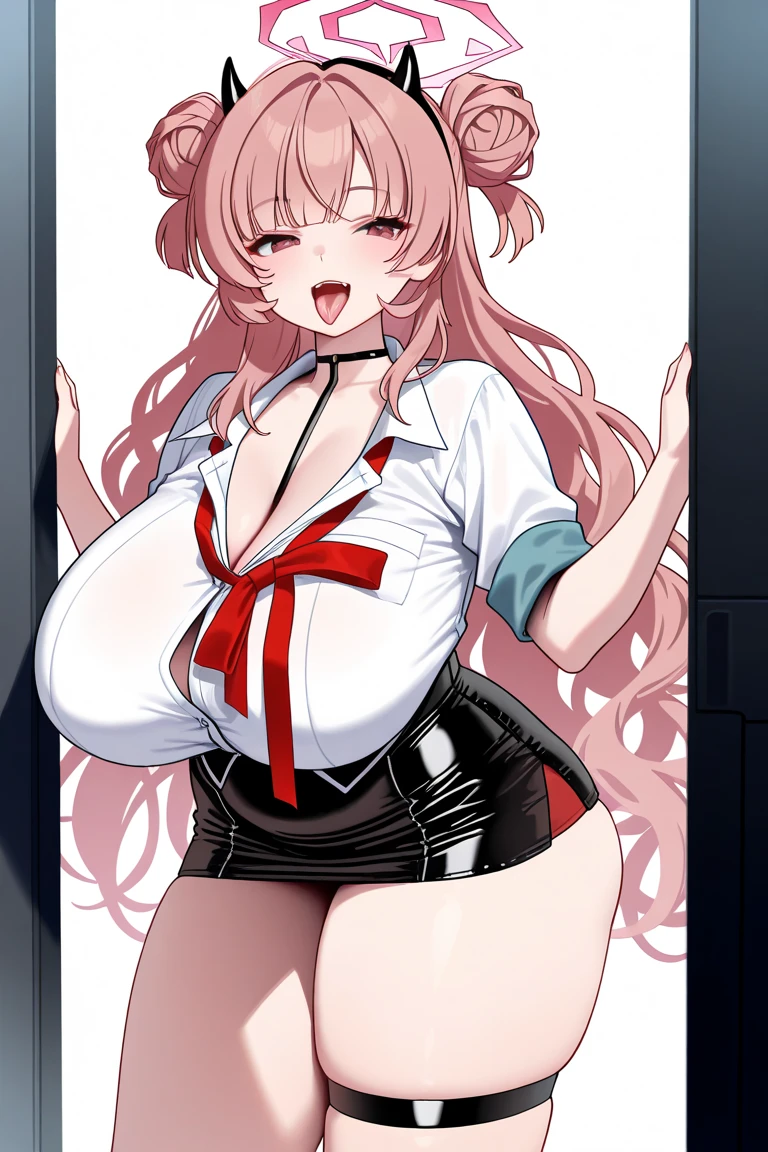 zPDXLxxx,zPDXL,score_9, score_8_up, score_7_up, source_anime, (aru_\(blue_archive\)), pink hair, halo, horns white shirt, fur trimmed jacket, pencil skirt, tr2nsf0rmati0n,transformation, before and after, fully clothed light-skinned female, bimbo, gyaru, tan, tanned skin, revealing clothes, barely clothed, breast expansion, ass expansion, huge breasts, huge ass, tanlines, fishnets, presenting, seductive pose, seductive smile, pussy juice, skinny body, sweaty skin, shiny skin,pregnant, big belly, dark nipple, bed room, looking at viewer