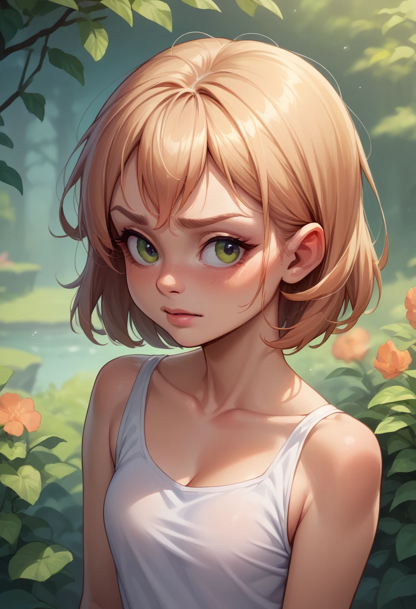 score_9,score_8_up,score_7_up,score_6_up,score_5_up,score_4_up, 14歳, straight chest 1 girl, pretty girl, russet hair, with hair loose on the shoulders, fringe hair, cute nose. lábio seducer, seducer, white choker, pink lips, freckles, greeneyes
