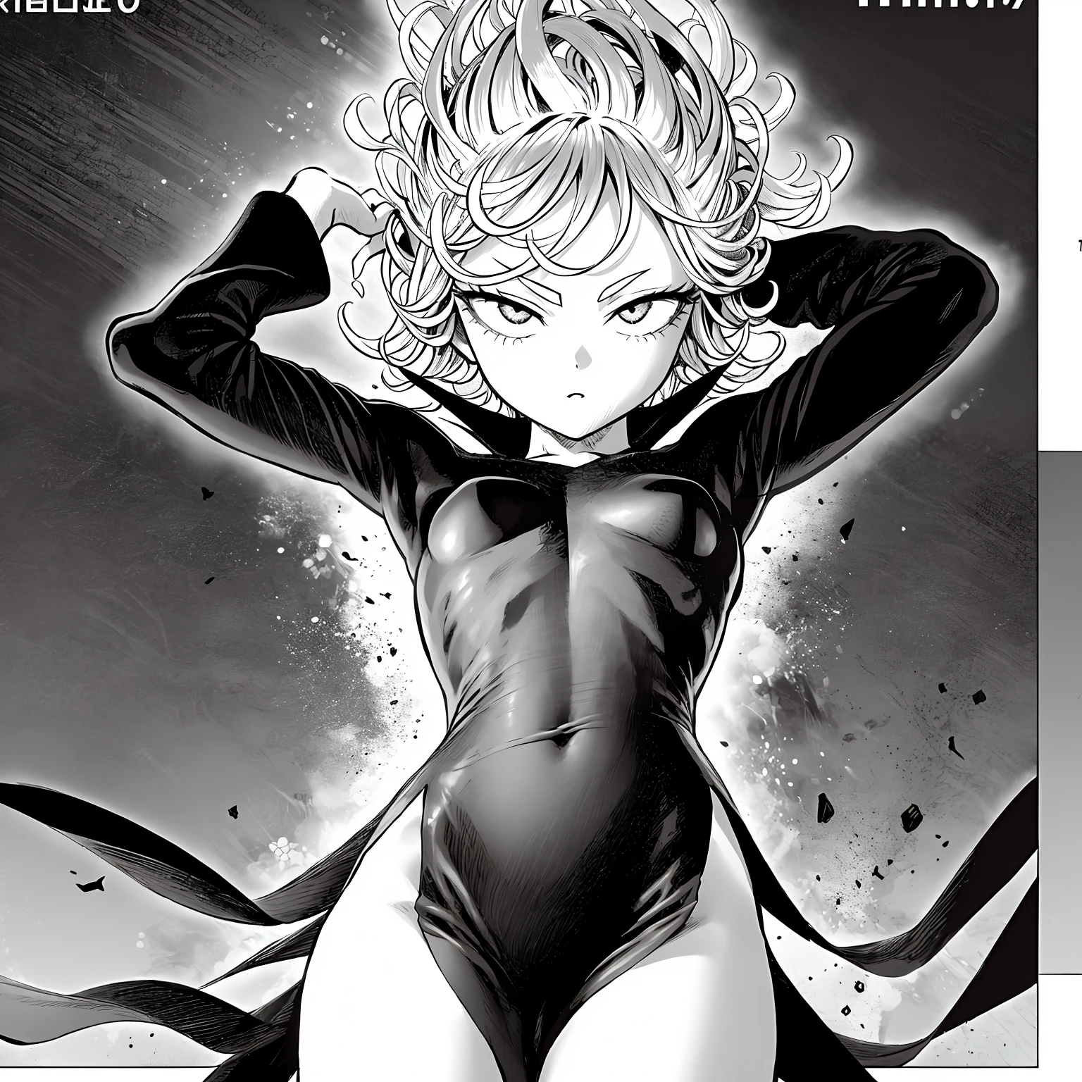 a black and white image of a woman in a bodysuit surrounded by rocks, one punch man manga, black and white manga panel, black and white manga page, one punch man, an ahoge stands up on her head, manga panels, female protagonist 👀 :8, scales covering her chest, tatsumaki from one punch man, black and white manga style