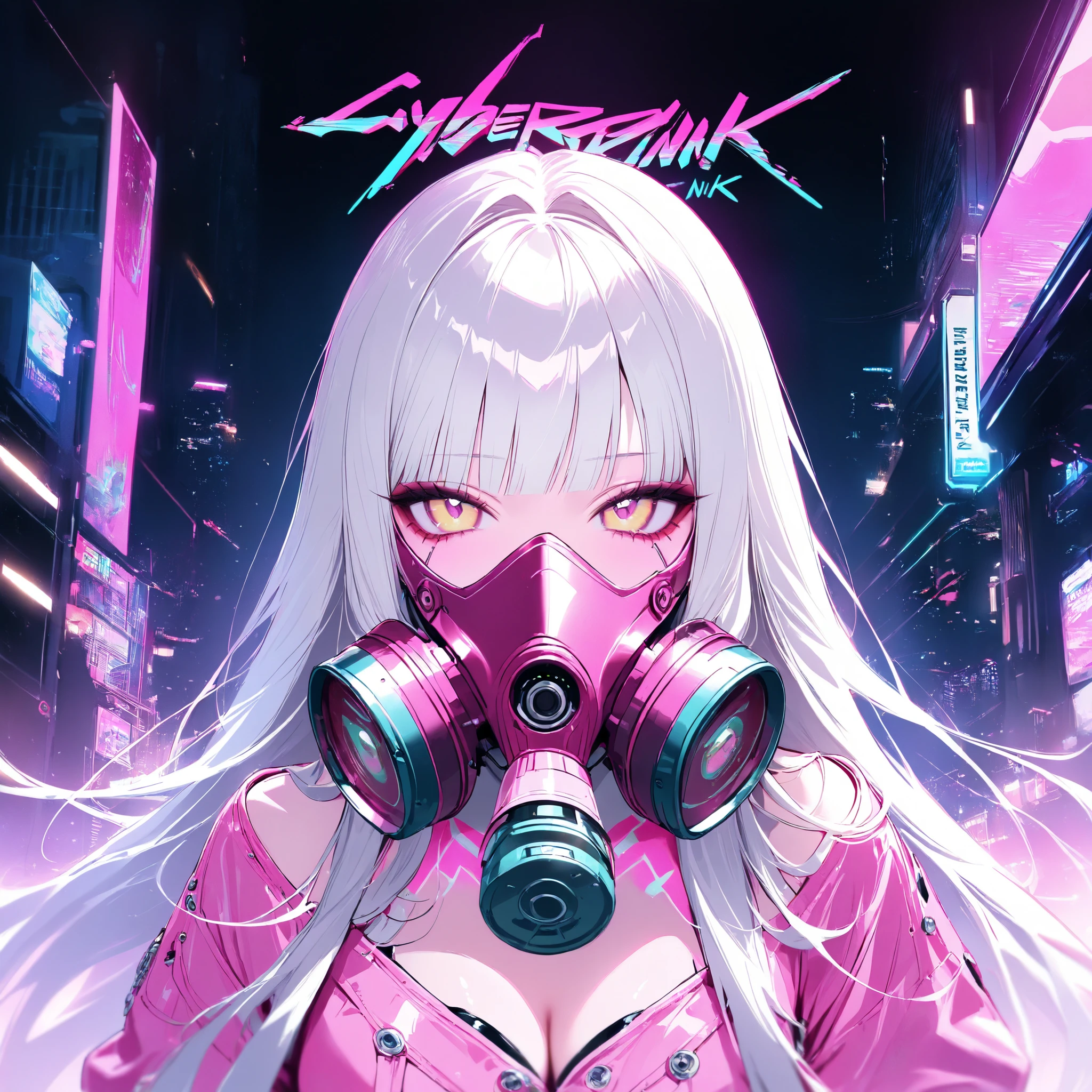girl, pink anti-gas mask, Cyberpunk, platinum long hair, platinum and pink clothing,Y2K Aesthetic, cybernetic implants, Metal nails, masterpiece, high score, great result, absurd results