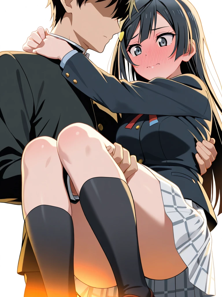 1man and 1woman having sex,mature woman,standing doggystyle,rolling up eyes,flying heart-shapes,shaking effect,black hair,open mouth,saliva,shouting bubbles,(curvy body),outdoor,pleated checked skirt,white shirt,laughing,