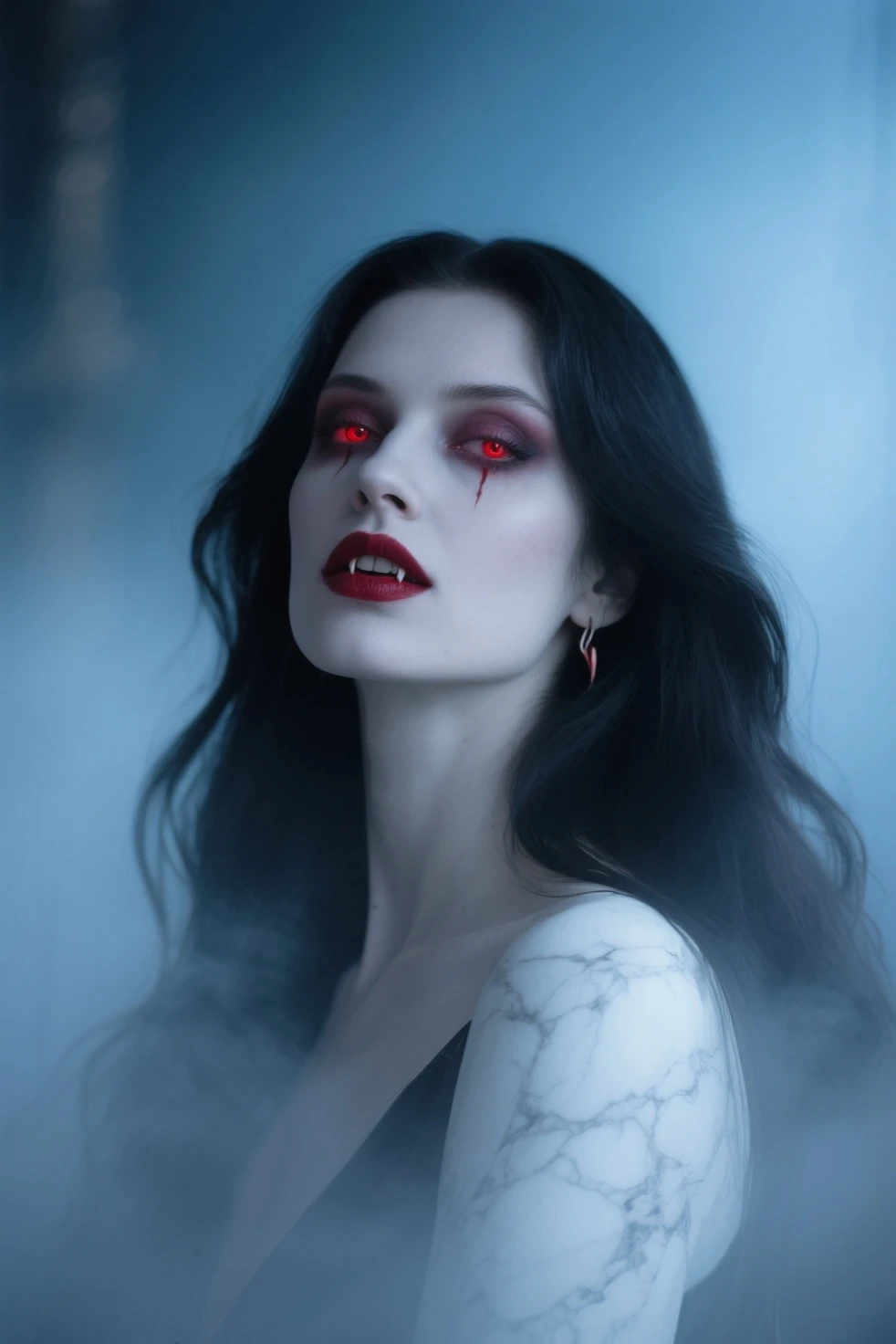 aa portrait of vampire with a bloody tear coming down from he eye, an exotic beautiful female vampire, red hair color, dynamic hair style, ultra detailed face, best detailed face, silver eye color, ((1single red teardrop: 1.3)), ((tear drop made from blood)), ((teardrop coming down from the eye: 1.3)), small cleavage, wearing two black diamond earrings, Ultra-high resolution, High Contrast, (masterpiece:1.5), highest quality, Best aesthetics), 16K fantasy art, best details, best quality, highres, (ultra wide angle: 1.2), 16k, [ultra detailed], masterpiece, best quality, (extremely detailed), ladyshadow, magical sky, crying style, vampire teeth