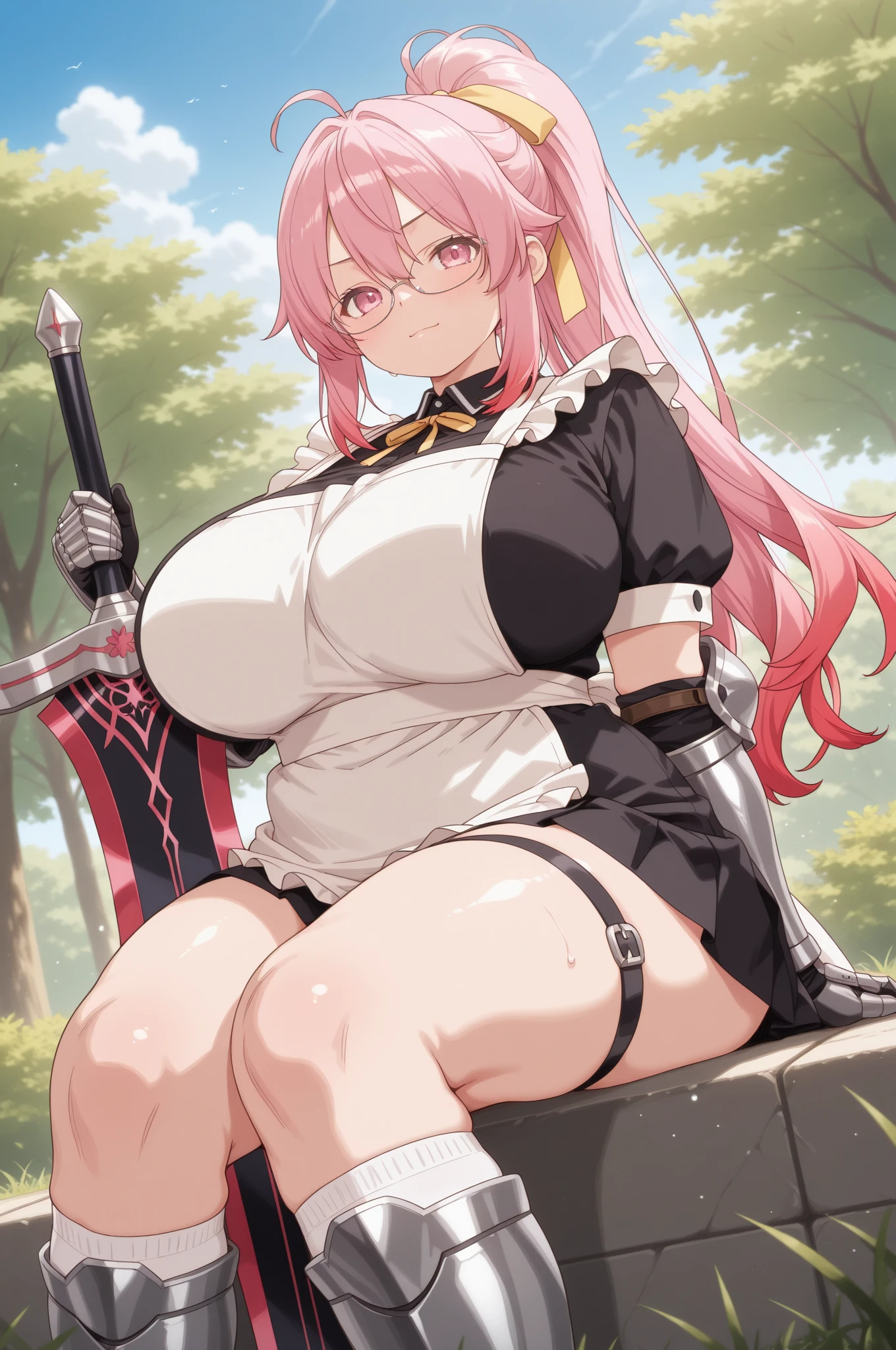 ((Warrior cat girl holding a golden sword with a shield and black armor her skin is white and her cat ears are long her breasts are big and her cat tail is long She wears a pink kimono under her armor)), woman wearing full bodystocking, necromancer, raven, MILF, (very large breast), milf, (mature female), gloves, earrings, navel focus, capes, Elegant body, curvaceous but thin, the woman have beautiful detailed eyes, detailed textures, otherworldly ruins, fantasy, RPG, Dark atmosphere, extreme shading, masterpiece, best quality, milf, mature female, milfication, The armor covers her breasts and abdomen. Blue and yellow eyes mixed, (((She has a maid outfit)))