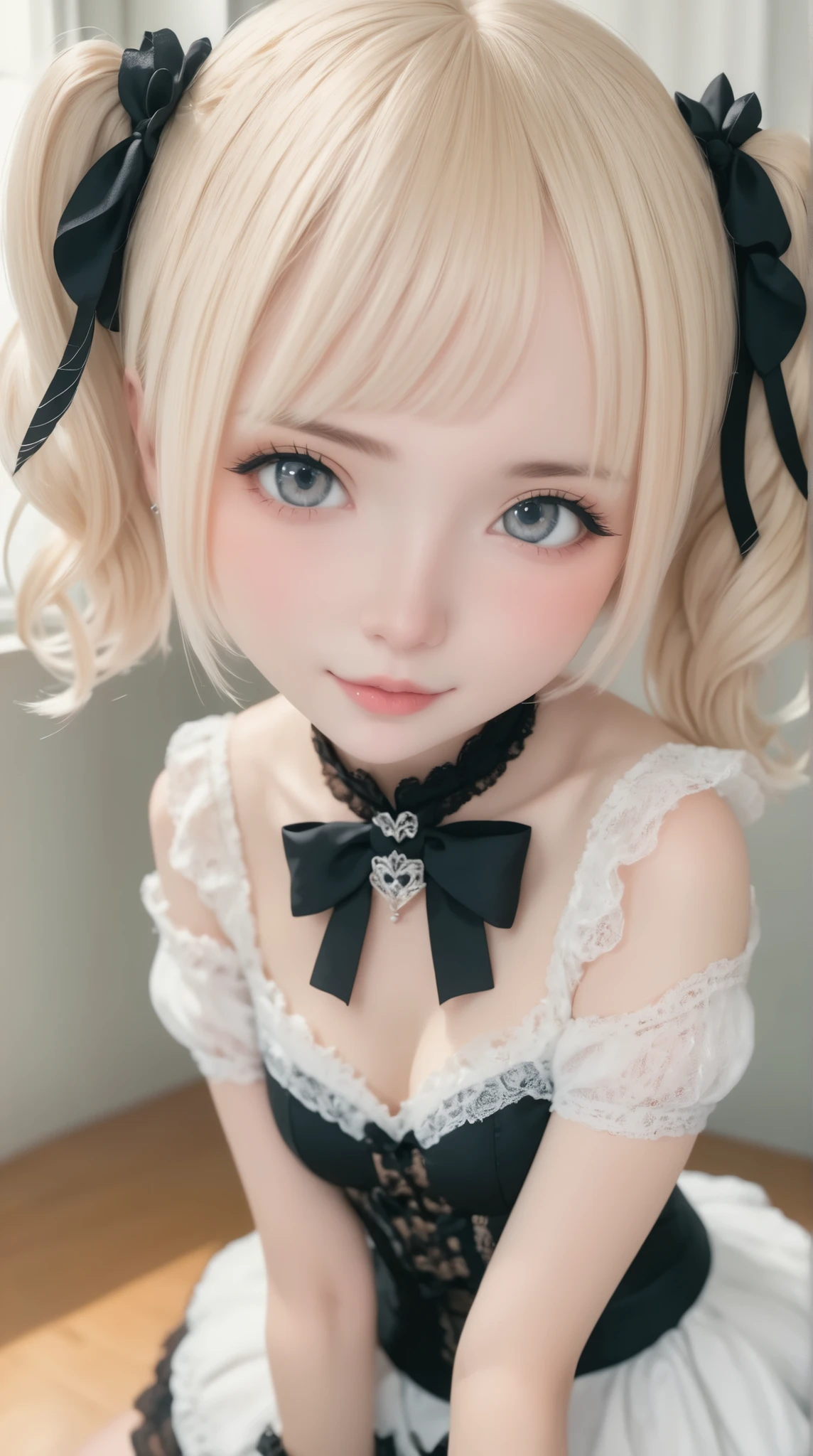 Blonde girl with black and white lace dress and gold necklace, Loli, inspired by Li Chevalier, second life avatar, portrait of lolita, blond hair with pigtails, cattie - brie of mithril hall, cabellos largos dorados, inspired by Sim Sa-jeong, shikamimi, lblsck hair, extremely pale blond hair，Smart eyes，mischievous laugh，Bad laughs，Narrow laughter，The corners of one side of the mouth are raised，children's，8old girl，Loli look，Childish face