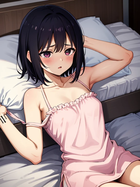 One 15-year-old girl, ((Wrapped in sheets))、((Sexy Underwear)),(Black Hair,Red-pink inner color hairstyle), Beautiful Hair, Facial Contour, Remember, ,Hotel, splash, Lens flare, noon, bright, Natural Color, High resolution, Very delicate, Very detailed, 8k,Lying in bed、（There is only a slight swelling of the chest,About B cup）、Shyness,((Sexual))