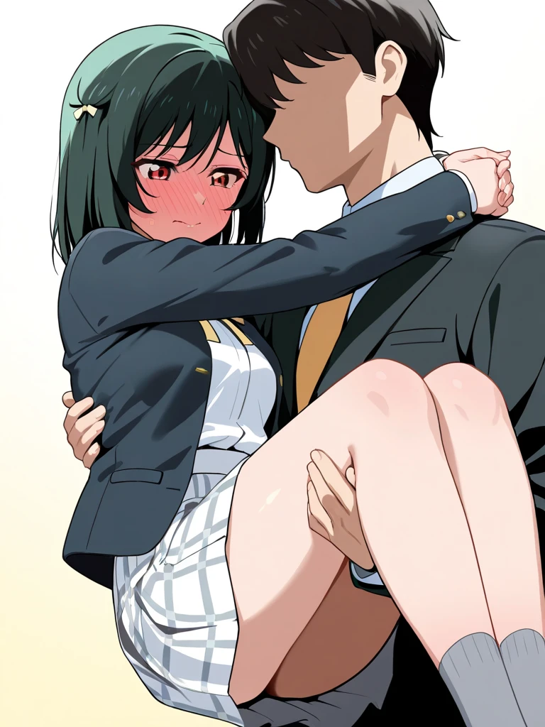 shinkai makoto, kimi no na wa., 1boy, buzzcut, school uniform, boy is front girl, touching chest, chest grope from front, grab, grabbing chest, hug fromt, hugging, neck kiss, 1girl, bangs, black hair, blush, open mouth, brown eyes, tear eyes, collared shirt, open mouth, red headband, red ribbon, red bow, school uniform, short hair, white shirt, skirt,night, indoors, classroom, lie on floor, open skirt, white panties, partially unbuttoned, open clothes, navel, white bra, arms up, hold another hand, hold arms, lying, lying on floor, lie on floor, passionate hug, face to face,