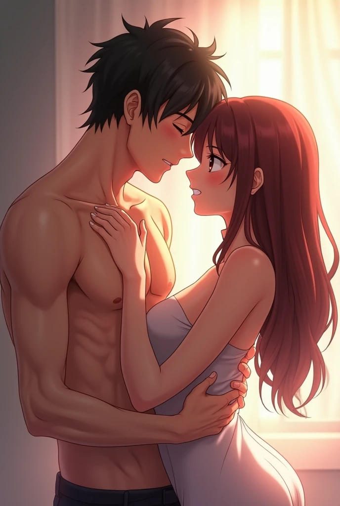 A handsome anime 18+ shows his 12 inches dick to his girlfriend while his friend fucks her in the vagina
