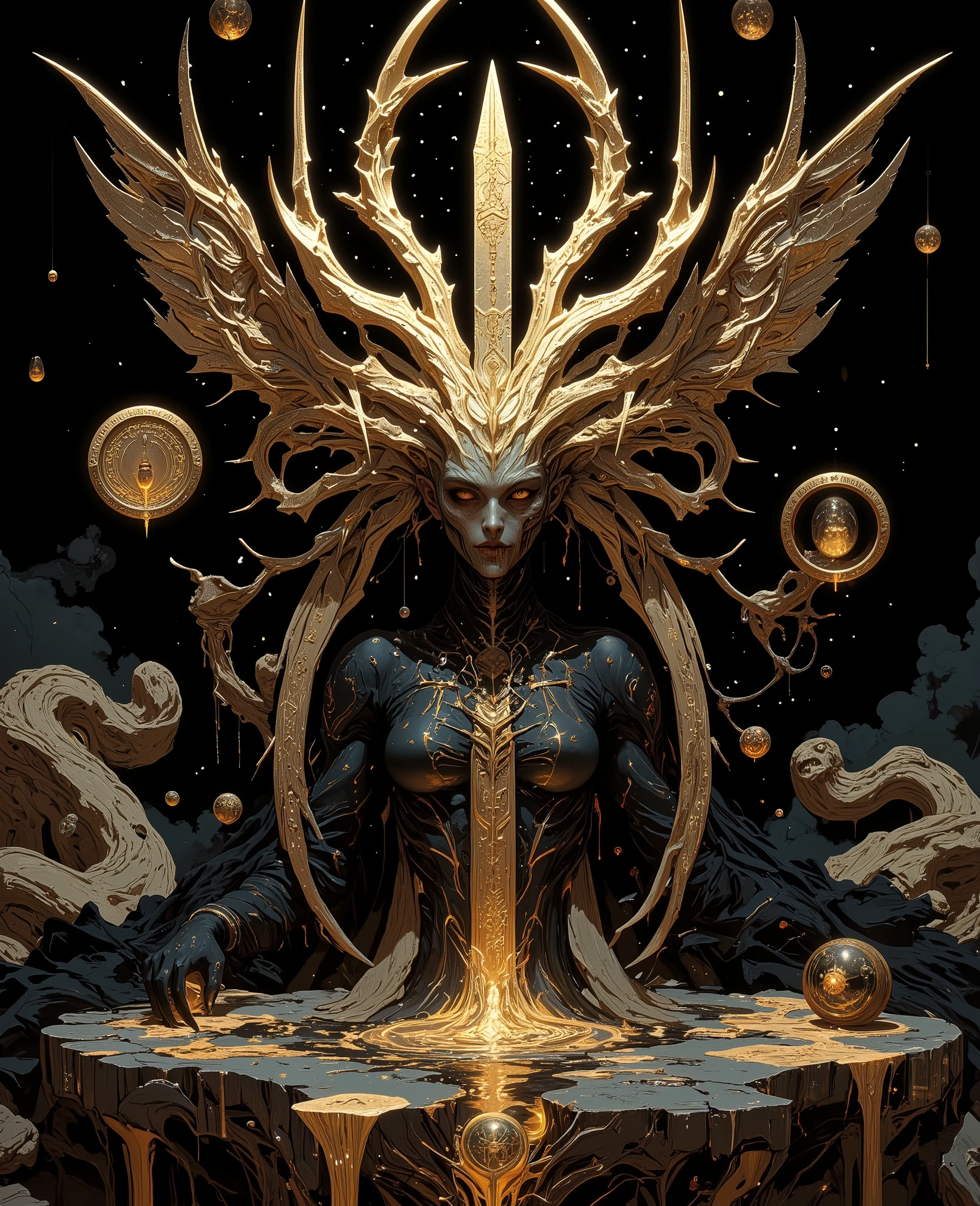 Done in a gothic art nouveau expressive surreal 3/4 portrait style, we see A hyper-realistic, otherworldly celestial being with an overwhelming presence, designed to evoke both fascination and fear. This entity has an elongated, humanoid form with unnaturally tall proportions (over 3 meters). Its skin is a shifting mix of iridescent gold and solid black, covered in intricate, ancient symbols that glow faintly.
Its face ((russian female look)) is a disturbing blend of angelic beauty and eldritch horror—an eerily symmetrical visage with too many eyes, each radiating an intense, piercing golden light. Its mouth is slightly open, revealing layers of impossibly sharp, interlocking teeth. There is an unsettling stillness to its expression, as if it exists outside of human comprehension.
Towering, wing-like appendages extend from its back, but instead of feathers, they are composed of writhing, shifting energy tendrils that pulse with an otherworldly glow. Some tendrils form distorted, semi-transparent faces, as if souls are trapped within.
Its arms are impossibly long, ending in delicate yet disturbingly elongated fingers tipped with razor-sharp, obsidian-like nails. The creature’s body is adorned with floating golden rings, engraved with ancient, unreadable text that seems to shift when looked at directly.
The environment around it is warped, as if reality itself bends in its presence. The air shimmers, creating a mirage effect, and the ground beneath it is cracked and smoldering. Swirling cosmic energy and glowing dust particles surround it, adding to its divine yet horrifying aura.
Cinematic lighting, dramatic high contrast, eerie atmosphere, ultra-detailed textures, 8K resolution, terrifying yet mesmerizing, a being beyond human comprehension, of such eldritch unknown power it might as well be a God.