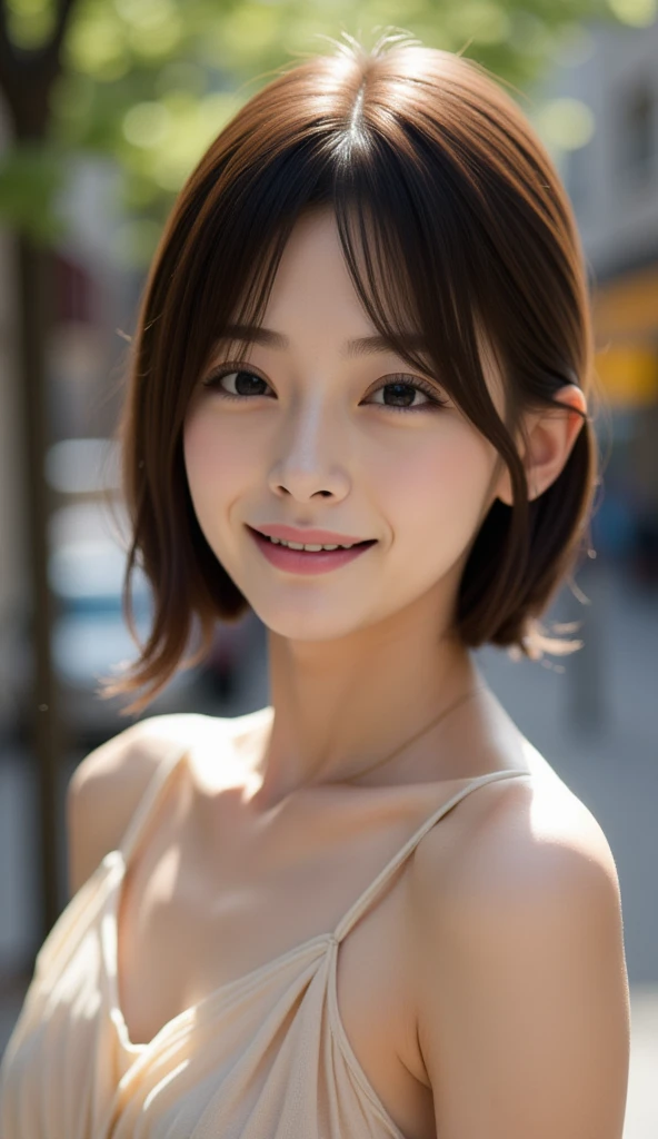 ((Best quality, 8k, Masterpiece :1.3)), 1girl, beautiful woman with emphasis on slim abs: 1.3, (casual hairstyle), ultra-detailed face, delicate eyes, double eyelids, soft breast, dark black hair, smile, (nudity:1.3), on street with buildings with shops, (((sharpness)))