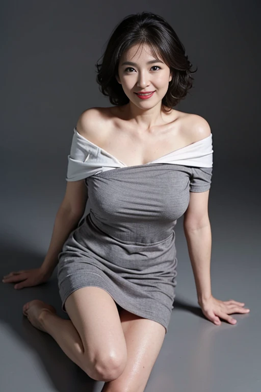 Realistic(masterpiece、Highest quality)、Long Hair Woman、Hair style: straight black hair、Japanese mature woman、smile、Plain gray background、whole body、Light clothing、Large Breasts、Emphasize the chest、Cool knit dress(Leaning forward、Put your chest close)、lingerie、Beautiful legs、45-year-old woman、Mature Woman