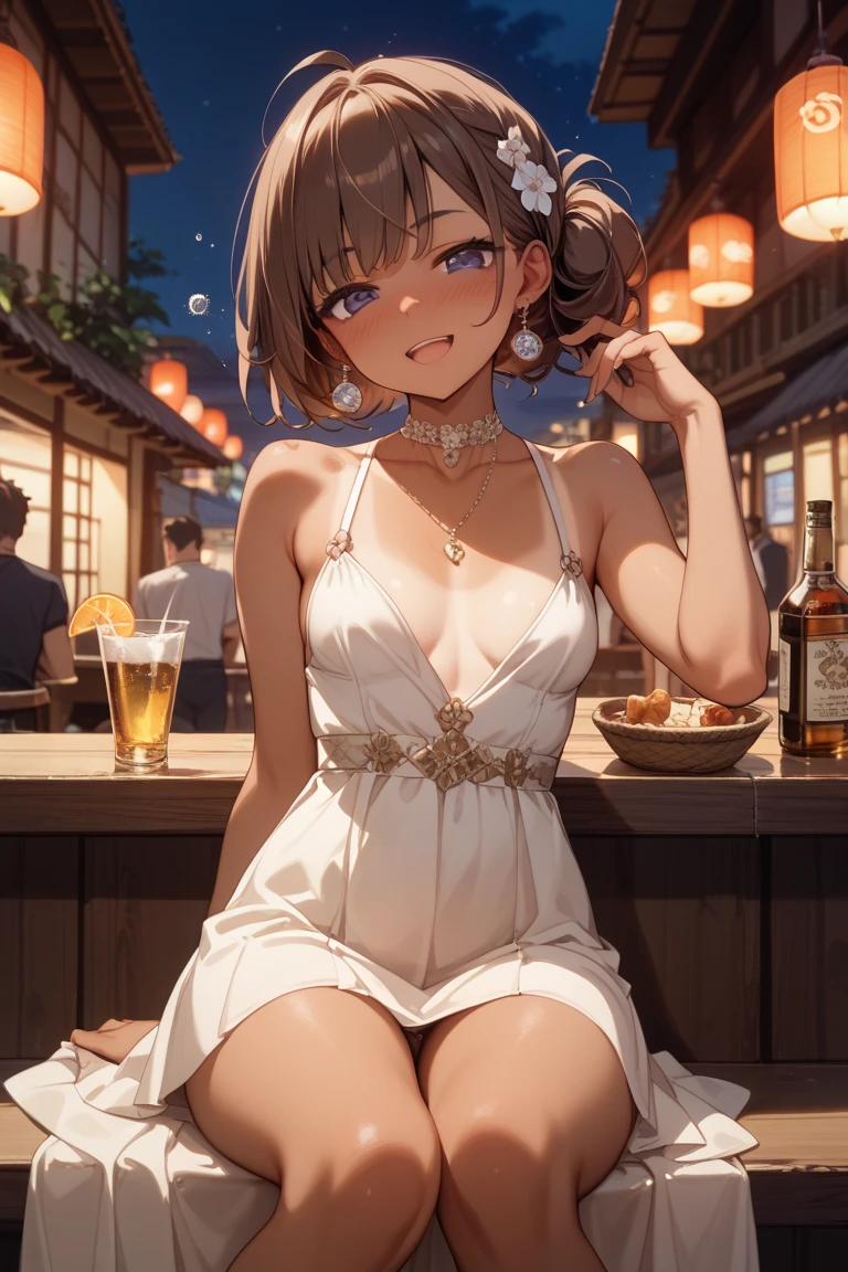 (​masterpiece:2.0), (top-quality:2.0), (white Tube top extremely short length dress made by towel:1.5), (perfect exposed shoulders:1.5), (perfect exposed nape:1.5), (super sexypose:1.5), (blushed face:1.3), (barechested:1.3), (realistic:1.5), 1 , precise small hands, Embarrassed look, light smile, extremely cute girl, innocent face, young face, Clear eyes, Shining eyes, shoulder is visible, small breast, thigh is visible, No pubic hair, The beautiful skin, ultra-definition, Top resolution, japan high school student, brown hair, Camel petals, wet,