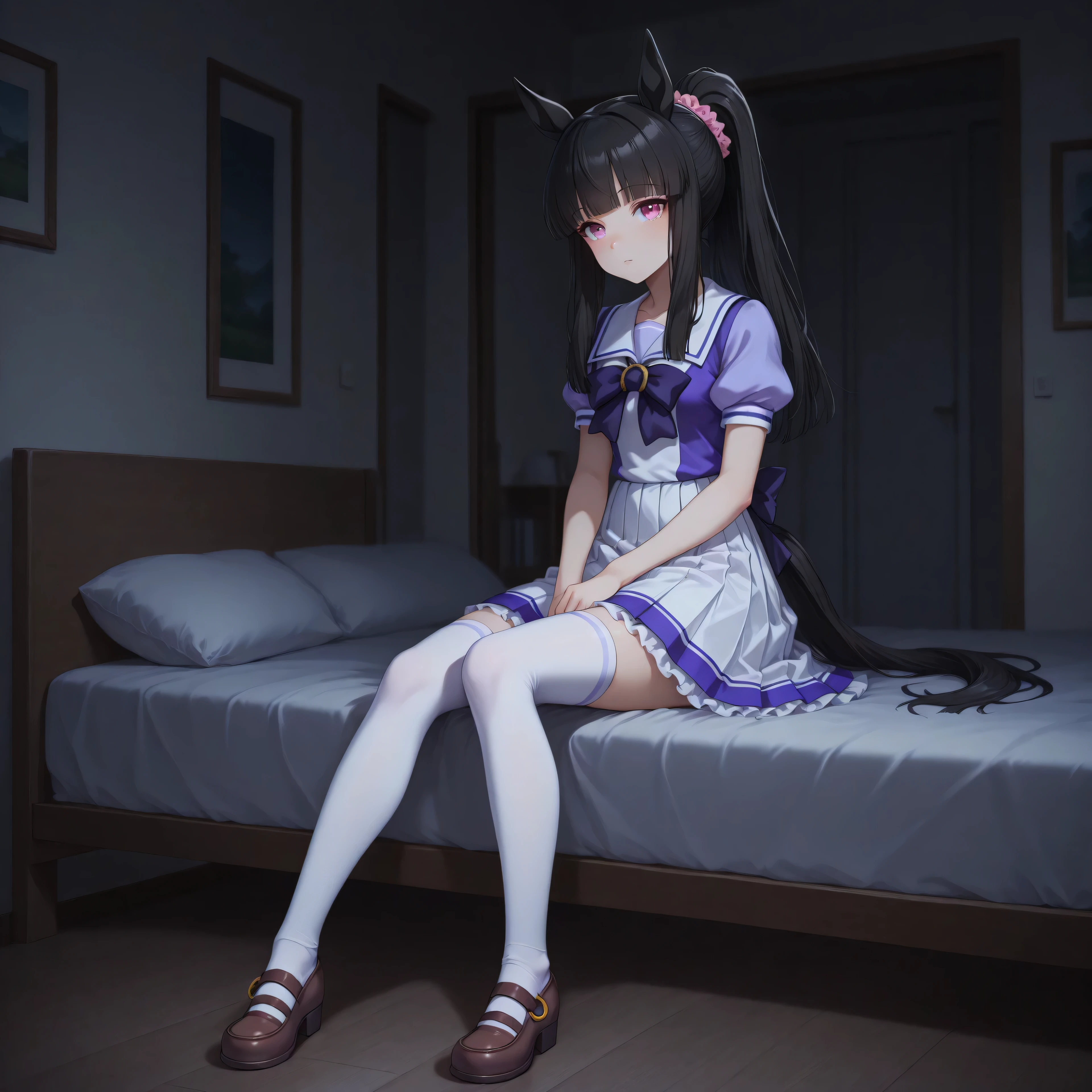 masterpiece, best quality, amazing quality, in house, on bed, 1girl, solo, Ashley, horse girl, pink eyes, black hair, dark, Ponytail, straight hair, sitting, looking at viewer, TracenShort, tracen school uniform, purple sailor shirt, white pleated skirt, white thighhighs, brown loafers, purple bow, puffy short sleeves,
