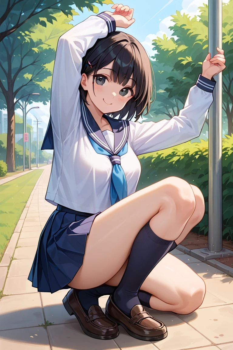 schoolgirl, Brown hair, Medium hair, Sailor suit, (Naked:1.1), Nipples (Blushing:1.0), Detailed face, Roadside, POV crouching，Expose the inside of your legs