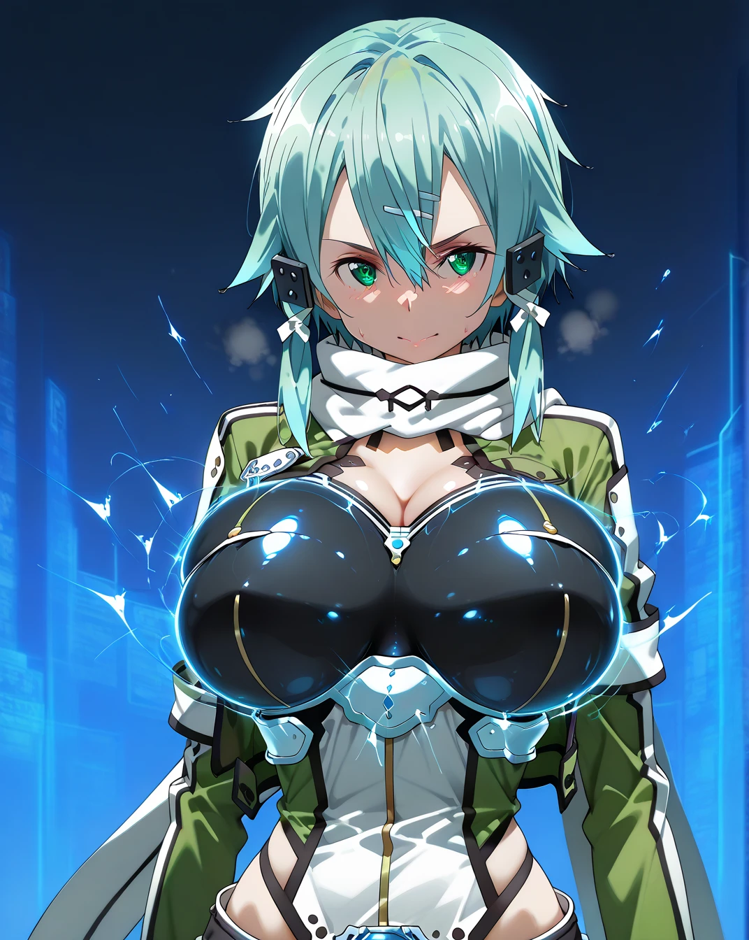 Chinon 1, (((Sinon-GGO))), Shinono, Long hair short hair, Hair between the eyes, Side Lock, Huge breasts, Revealing clothing, Blue clothes, gloves, Thighs Thighs Thighs Thighs, (Off the shoulder, Bare shoulders), (Underbust:1.5), (abdomen, belly button, String), Chinon 1, scarf, fingerless gloves, Long sleeve, Short shorts, hair ornaments, Barrette, green Thighs Thighs Thighs Thighs, Green jacket, thigh strap Huge breasts, 溢れるLong chest, Huge breasts, Abnormally large, Unusually big breasts, Long chest、Lower Breast, ((Highest quality)), ((R-18)), (Dirty pervert), (Huge breasts:2.0), One girl, Erotic squatting, Erotic Costumes, Exposing breasts,