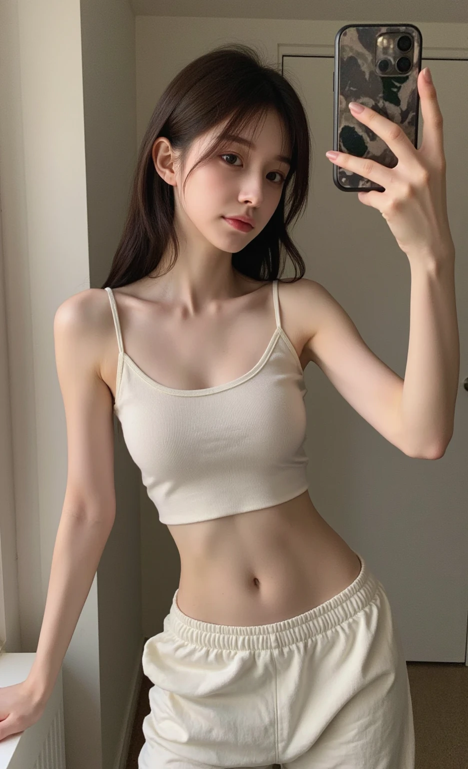 (alone), (Detailed full body RAW photo of girl), (masterpiece:1.0), (best quality:1.4), (super fast:1.2), (realistic:1.4), 8K resolution, Canon EOS R5, 50mm, studio backdrop, absurd, very detailed, (18 years old), sharp focus, cinematic lighting, detailed beautiful face, (assembly:1.2), (Ulzzang-6500-v1.1), shame, Detailed skin texture, pale skin, flat chest, (slim and strong body:1.3), thigh gap, detailed brown hair, (very messy hair:1.5), (avril lavigne:0.7), smiling, (be good at sports, sports leggings:1.4), Realistic glowing skin, (bedroom:1), (camel toe:1.3), (sweating:1.45), slim waist, a charming smile, alone