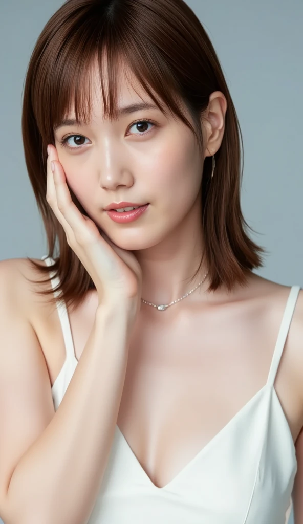 (Highest quality、8k、32K、masterpiece、Hmph:1.2)、cute日本人女性の写真、Young Girl,Big ample breasts、Very short bob hair、Upper body、Face Focus、Extra Large_sweater、necklace、Simple Background、From above、View Viewerix4、(8k、RAW Photos、Highest quality、masterpiece:1.2)、(Realistic、Photorealistic:1.37)、One Girl、cute、Professional Lighting、Photon Mapping、Physically Based Rendering、Gradient brunette hair、Short Curly Hair、Handsome、Girlish、Excellent image quality、High resolution、1080P、(Clear Face)、(Detailed face description)、(Detailed hand description)、(Masseter muscle area)、(Exquisite CGI)、 Extreme light and shadow、My hair is messy、masterpiece、Rich details、(Exquisite facial features)、(Best image quality)、(masterpiece)、(Detailed eyes)、I look forward to seeing you、Delicate clavicle、Various poses、Don&#39;don&#39;t watch mela、