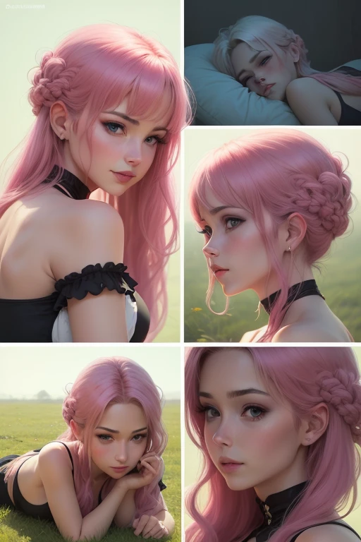 A beautiful pink-haired girl with 2 braids, huge breasts, a large butt, a very beautiful face, wearing a black kimono, anatomically correct, symmetrical, masterpiece, detailed eyes, detailed lips, extremely detailed face, long eyelashes, photorealistic, 8k, best quality, ultra-detailed, realistic, vivid colors, studio lighting, physically-based rendering