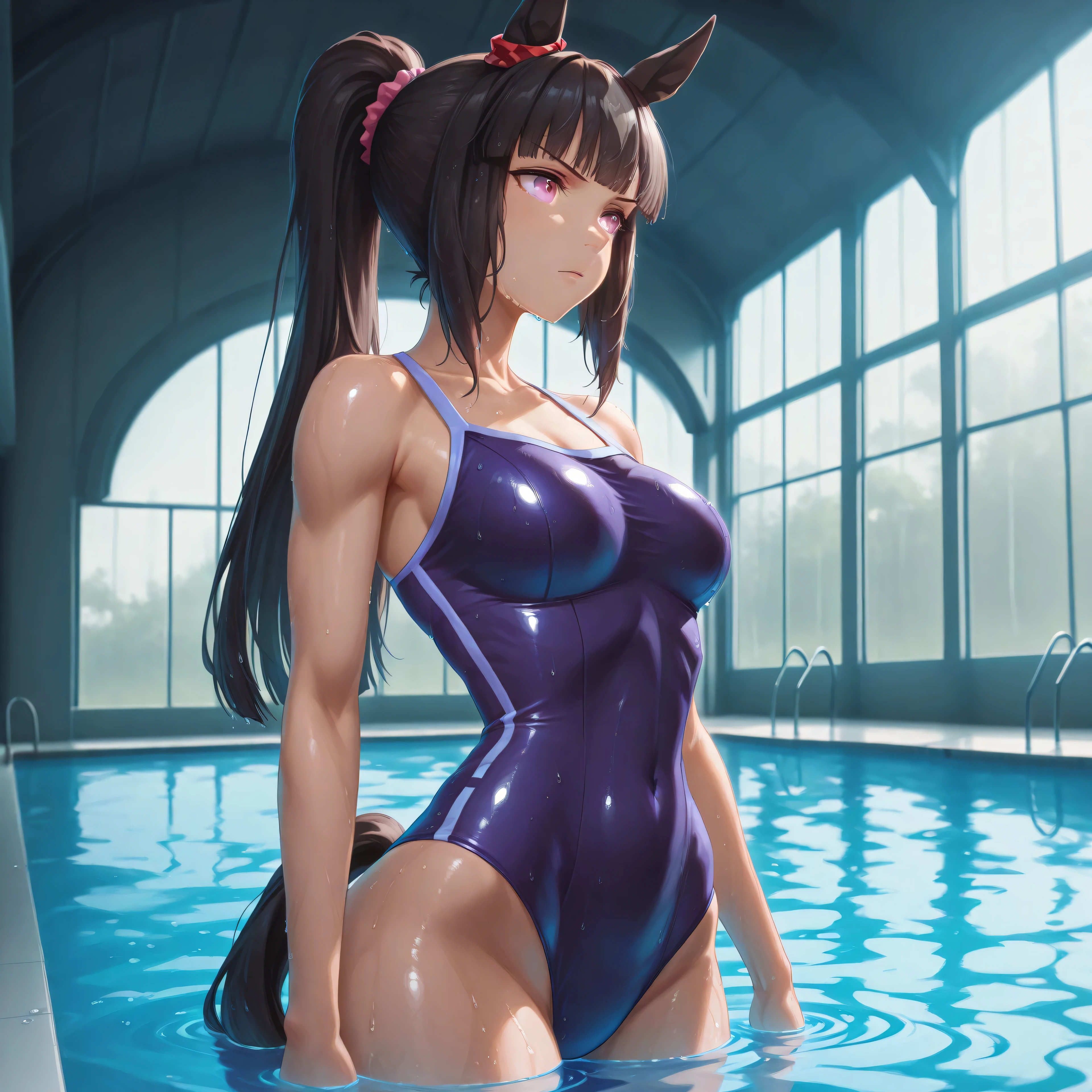 anime, lazypos, masterpiece, best quality, amazing quality, indoor pool, 1girl, solo, Ashley, horse girl, tall girl, toned body, pink eyes, black hair, dark, Ponytail, straight hair, tracen swimsuit, swimsuit, bare shoulders, sleeveless, determined, medium breasts, wet, swimming, breaststroke,