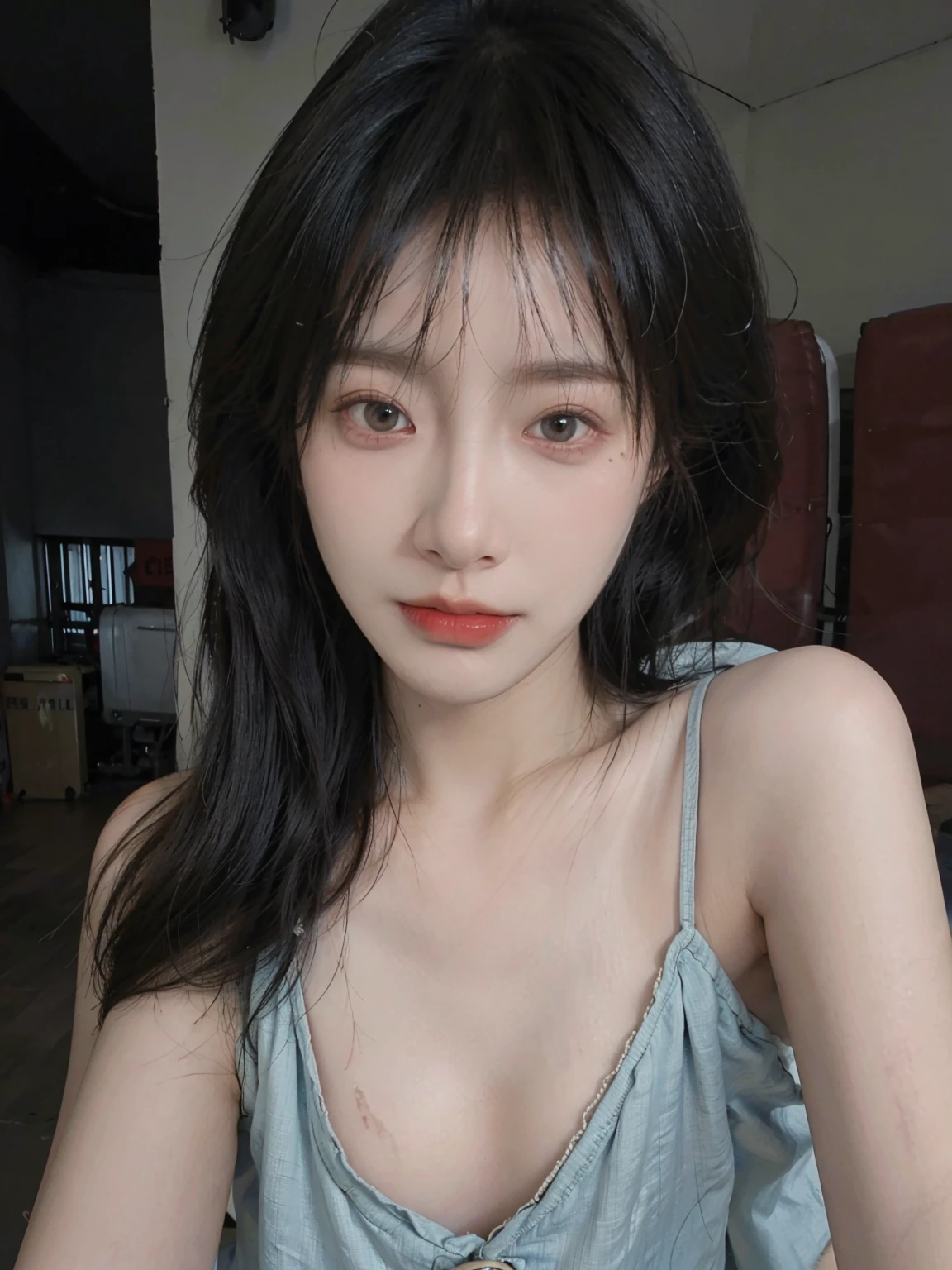8K, Best Quality, Masterpiece, Ultra High Resolution, (Realism: 1.4), Original Photo, (Realistic Skin Texture: 1.3), (Film Grain: 1.3), (Selfie Angle), 1 Girl, Beautiful Eyes and Face Details, Masterpiece, Best Quality, Close-up, Upper Body, Looking at the Viewer