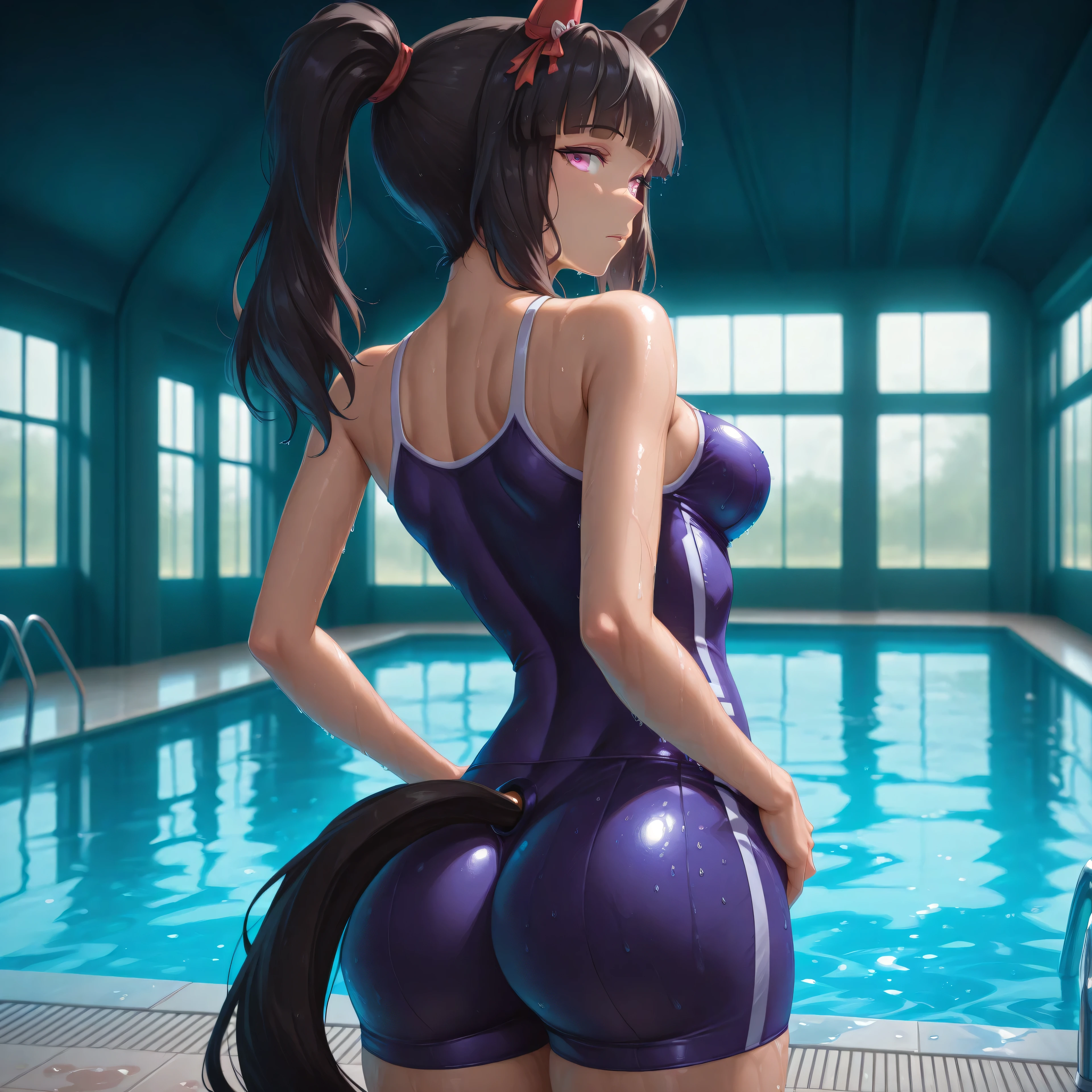 anime, lazypos, masterpiece, best quality, amazing quality, indoor pool, 1girl, solo, from behind, looking back at viewer, Ashley, horse girl, tall girl, toned body, pink eyes, black hair, dark, Ponytail, straight hair, tracen swimsuit, swimsuit, bare shoulders, sleeveless, tired, medium breasts, wet, hands on hips,