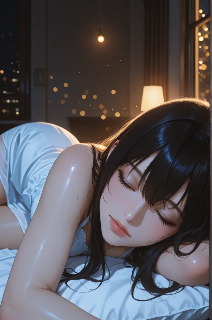 high quality、8k、Realistic anime drawings、In the dark planetarium、Stars on the wall、1 adult female、Age 25、（Long ponytail、skirt、knit）、（（lie down on a reclining seat、close your eyes、sleep、blanket））