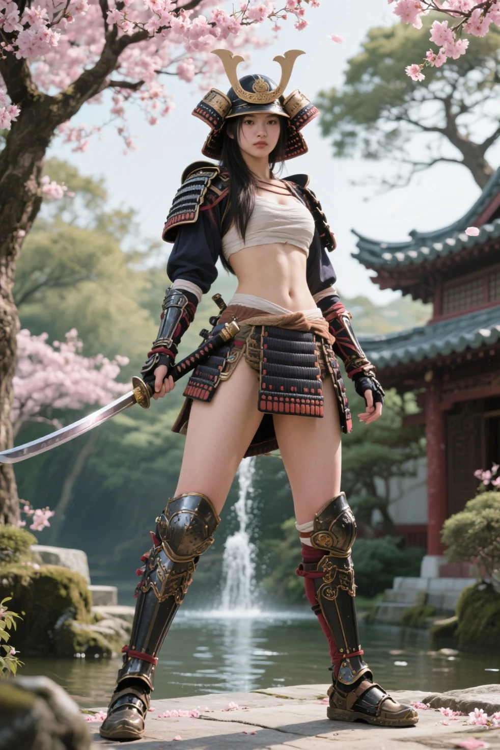 An ancient Chinese temple ruin in a forest, inspired by the game Black Myth Wu Kong, (low angle view), at dark night. (1girl, solo, alone), female Sun Wu Kong cosplayer, medium-breast slim:0.6 body, oval:0.4 face, cleavage:1.1, Wu Kong's costume and outfits, (slightly leaning forward running pose), half-body thigh level medium shot, cinematic lighting, ray tracing.