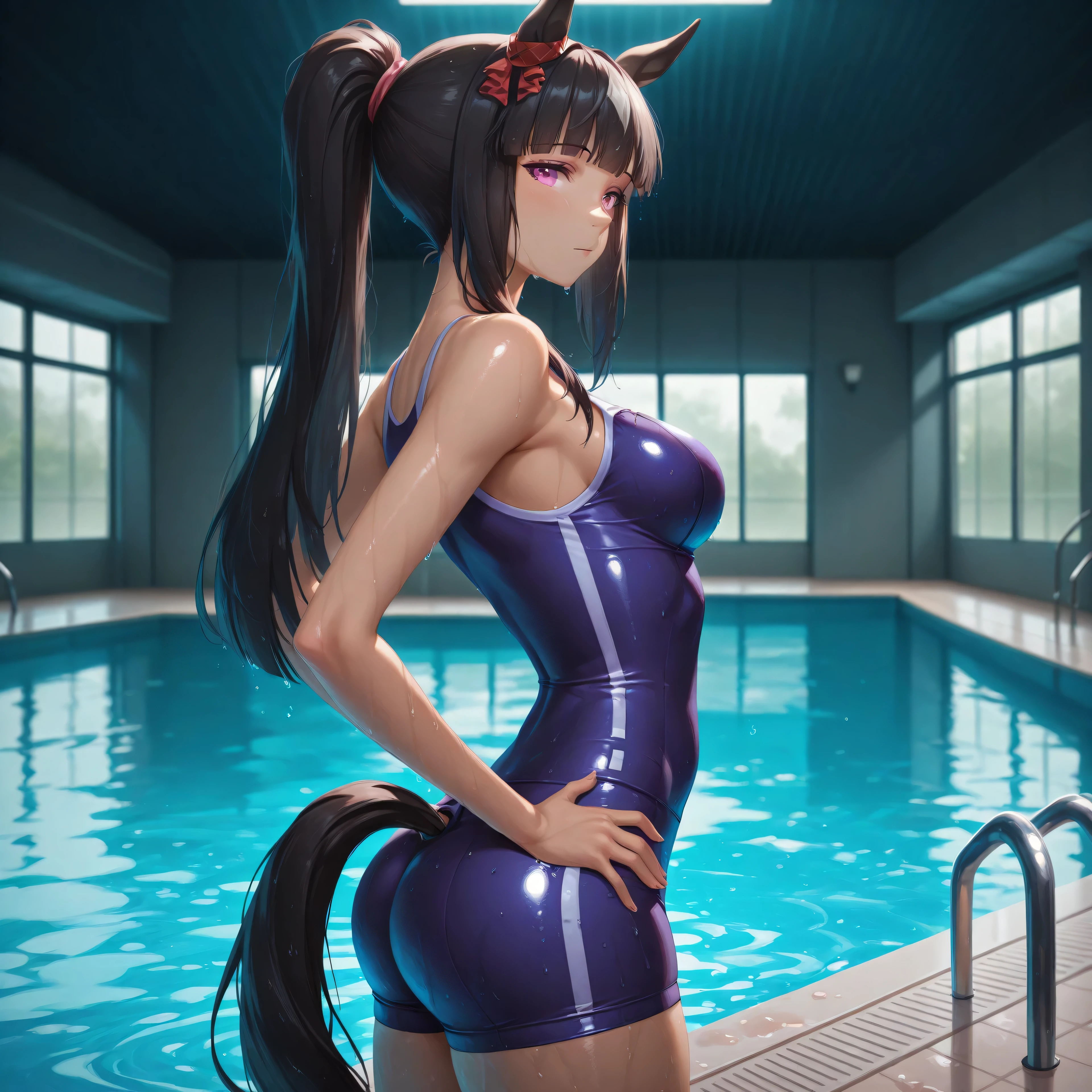 anime, lazypos, masterpiece, best quality, amazing quality, indoor pool, 1girl, solo, side view, looking back at viewer, Ashley, horse girl, tall girl, toned body, pink eyes, black hair, dark, Ponytail, straight hair, tracen swimsuit, swimsuit, bare shoulders, sleeveless, tired, medium breasts, wet, hands on hips,
