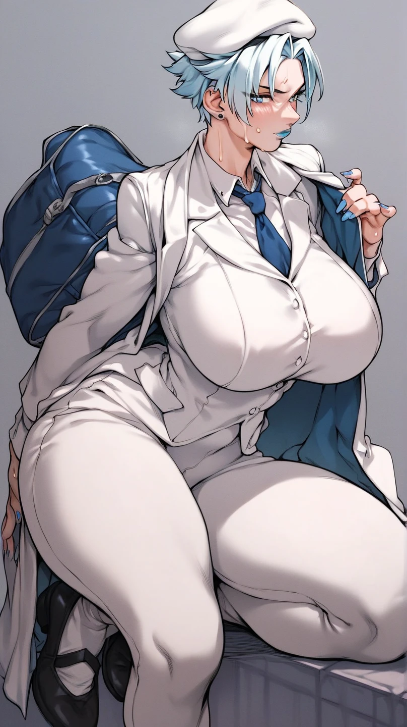 -artwork- -4k- -high quality- a completely white entity, bright white hair, light blue eyes, no human features, sexy female body, big breasts, big butt, big waist, red horns, wearing a yellow blouse , white medical coat, black pants, hair tied, wearing glasses, with a worried expression, entering the patient room