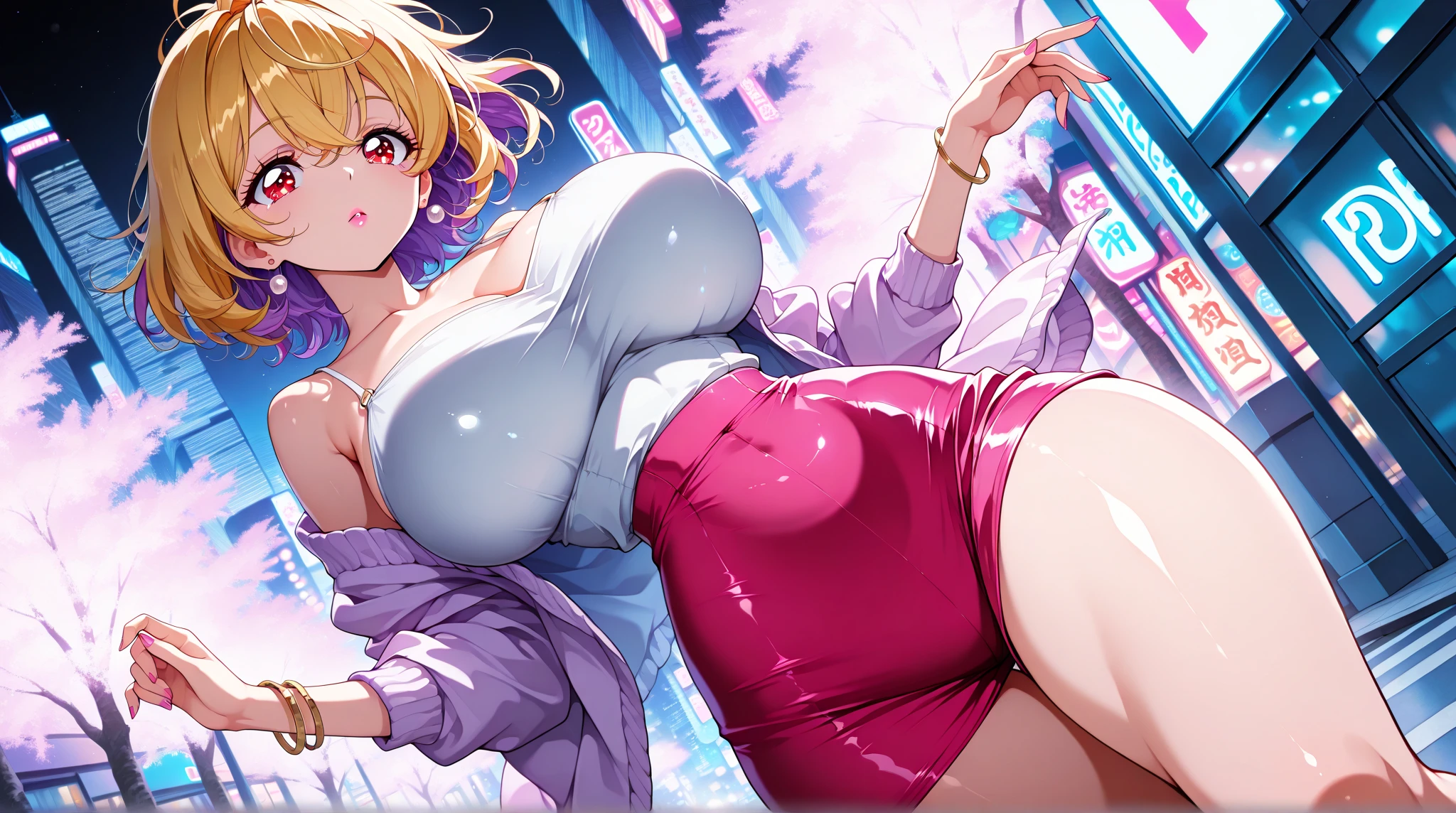 (((best quality))), ((ultra-detailed)), (((masterpiece))), (illustration), ((an extremely delicate and beautiful)), ((super detail)), ((high resolution)), (((20 years old))), ((metallic cloth)), (cheerleader), (super heroine), (android), delicate metal decorations, gleaming skin, shiny body, two legs, breast focus, (((tall))), slender legs, ((big round eyes)), cute eyes, drooping eyes, ((adult)), two hands, five fingers, no extra hands, elegant smile, braid, ((metallic blue)), (see-through), (dark pink), (moth green), (((ultra-huge breasts))), (shining brightly), outdoor, mini skirt, daytime, ((biopunk)), (hair shorter than shoulder), (medium length hair), gynoid, (metallic shining cheerleader uniform)), city, ((midriff-baring outfit)), (spread legs), camel toe, sit with legs stretched out, nsfw, ((((female masturbation)))), flood of pussy juice, (right hand on the clitoris and left hand on the breast),  (plunging V-neck cheerleader uniform),