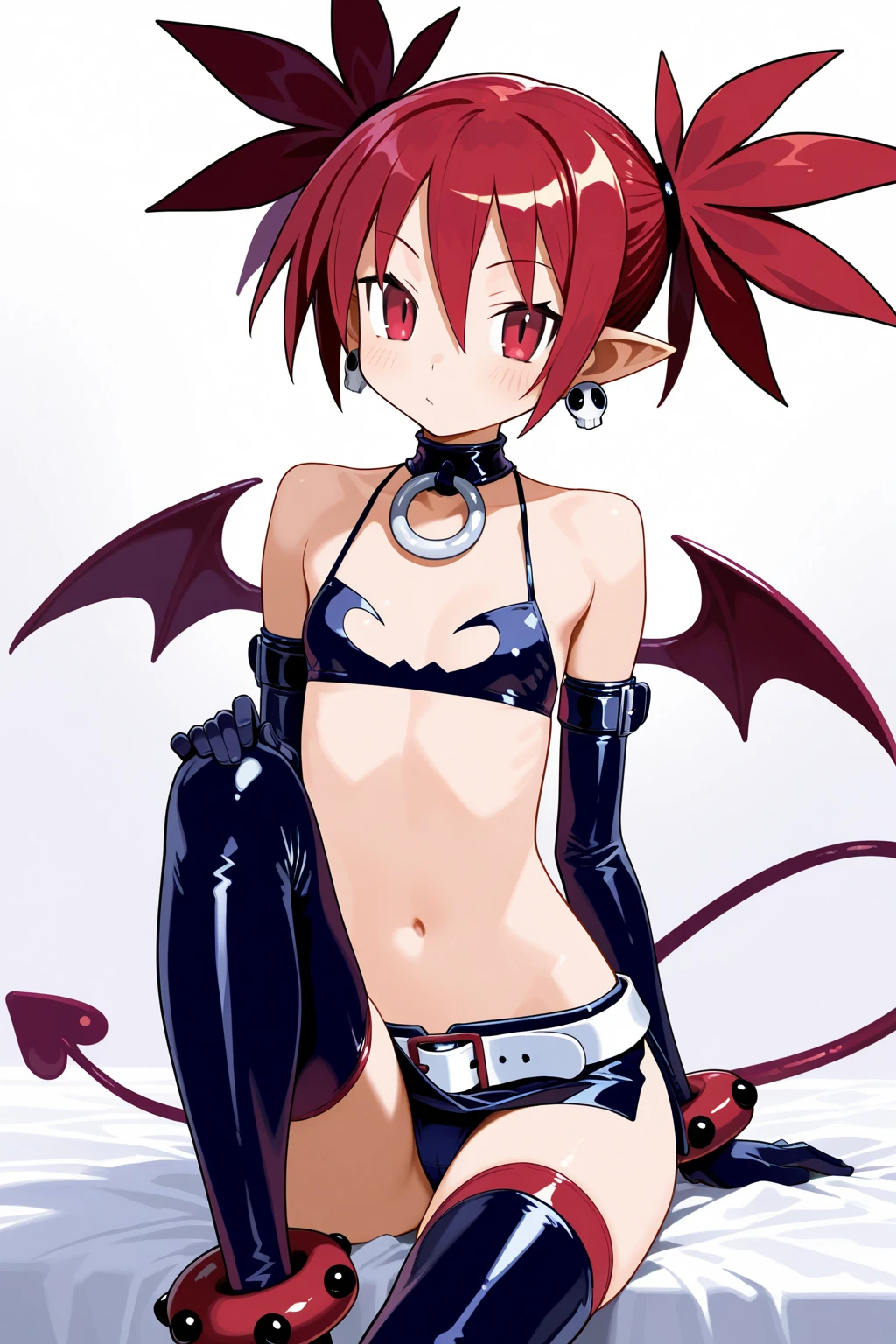 Etna, red hair, twintails, pointy ears , flat chest, gloves, jewelry, choker, thighhighs, black elbow gloves, belt , miniskirt , boots, bare shoulders, midriff, bra, skull earrings, small bat wings on upper back, demon tail, 1girl, solo, facing viewer, looking down at viewer, laugh at,too evil smile,too evil smirk,looking down at viewer,upper body,smile bad,deep shaded face,evil fall,latex elbow gloves,latex thighhigh boots,