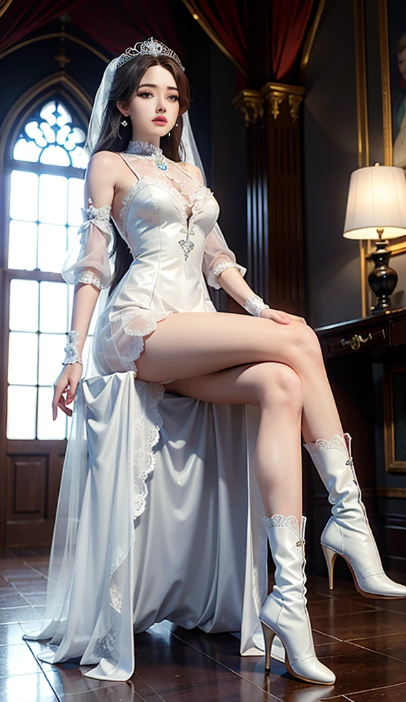 (Best Quality), ((Masterpiece), (Detail: 1.4), 3D, (Silver: 1.9), (Bun: 1.3), Face Close-up, Extremely Normal Hands, Extremely Normal Legs, Elf Long Ears, Wedding Dress, High Heels, HDR (High Dynamic Range), Ray Tracing, NVIDIA RTX, Super-Resolution, Unreal 5, Subsurface Scattering, PBR Textures, Post Processing, Anisotropic Filtering, Depth of Field, Maximum sharpness and sharpness, multi-layer textures, albedo and highlight maps, surface shading, accurate simulation of light-material interactions, perfect proportions, Octane Render, two-color light, large aperture, low ISO, white balance, rule of thirds, 8K RAW,
