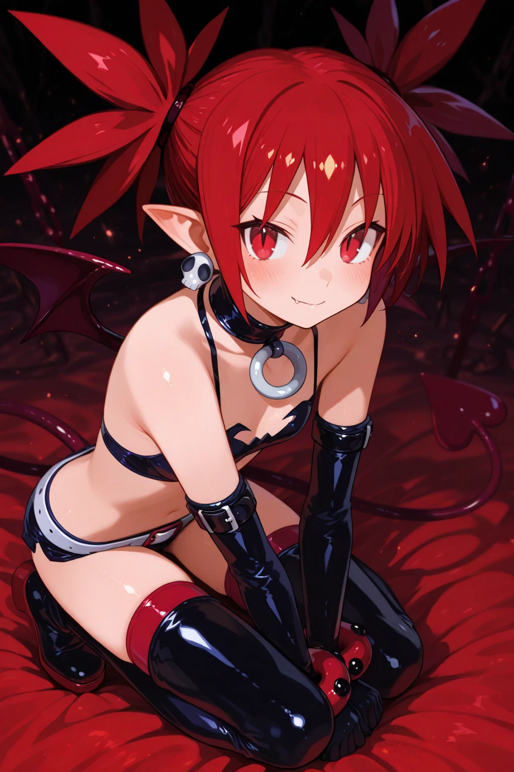 Etna, red hair, twintails, pointy ears , flat chest, gloves, jewelry, choker, thighhighs, black elbow gloves, belt , miniskirt , boots, bare shoulders, midriff, bra, skull earrings, small bat wings on upper back, demon tail, 1girl, solo, facing viewer, looking down at viewer, laugh at,too evil smile,too evil smirk,looking down at viewer,upper body,smile bad,deep shaded face,evil fall,latex elbow gloves,latex thighhigh boots,