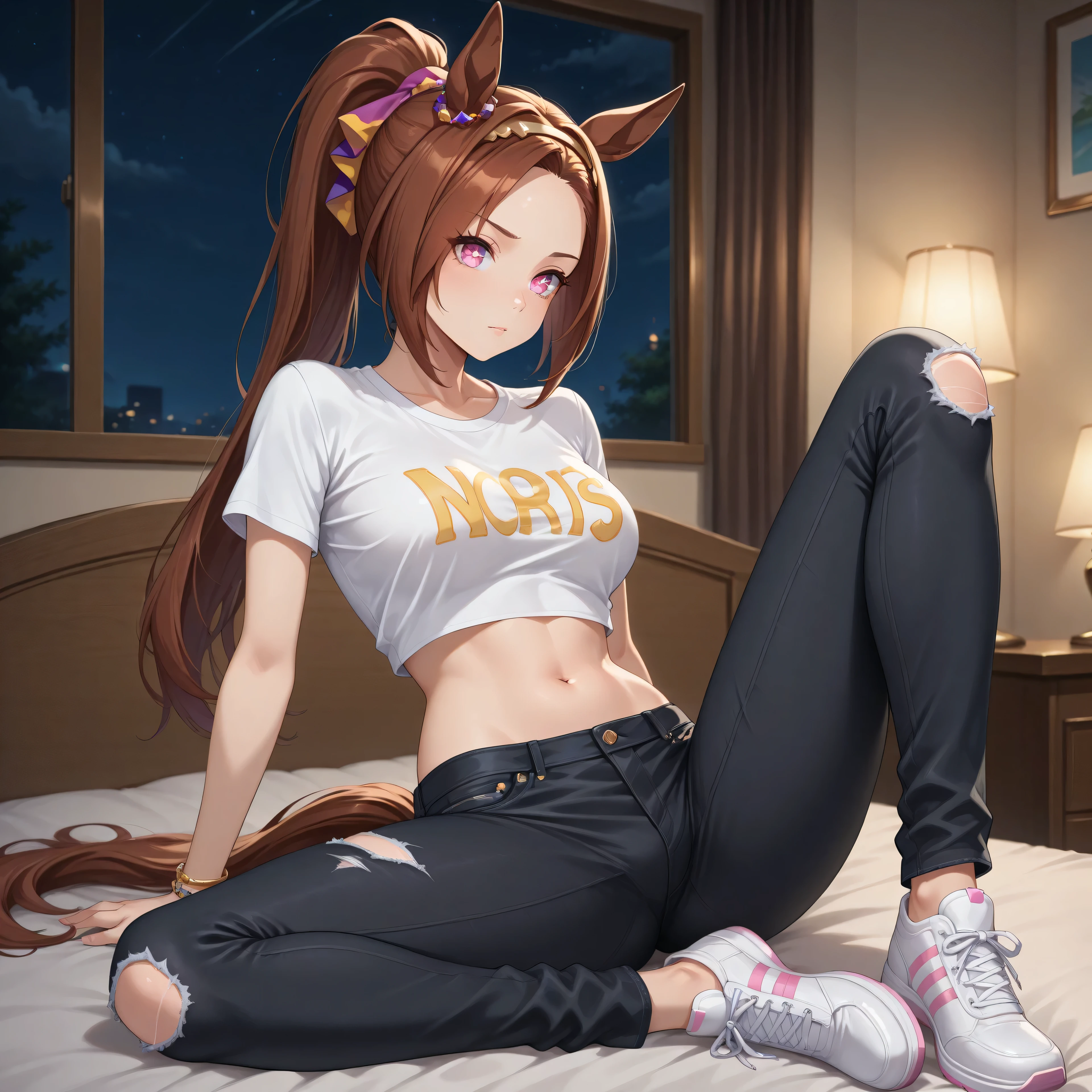 anime, lazypos, masterpiece, best quality, amazing quality, dormatory, on bed, night, night time, 1girl, solo, bakushinodef, horse tail, ponytail, gold hairband, horse ears, ear ornament, pink eyes, brown hair, flower-shaped pupils, symbol in eye, flower in eye, white shoes, navel, white footwear, midriff, short sleeves, bracelet, clothes writing, torn pants, black jeans, uma summer clothes, cropped t-shirt,