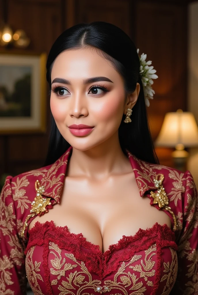 A beautiful Javanese woman, slightly fat, graceful, with long straight black hair down to her waist tied in a bun with a long hair band made of red cloth. Small bun on top of head with gold pin, wearing traditional Javanese clothing with red bustier top decorated with jewelry, red cloth obi decorated with gold, red trousers, maroon batik sarong with unique motifs, knee length and black mountain sandals. With a serious expression, looking at the view, with straight hair flowing down her back, tied with a red cloth, with a very realistic and detailed temple background. The entire body is visible to the camera. Ultra-HD, 65k resolution.