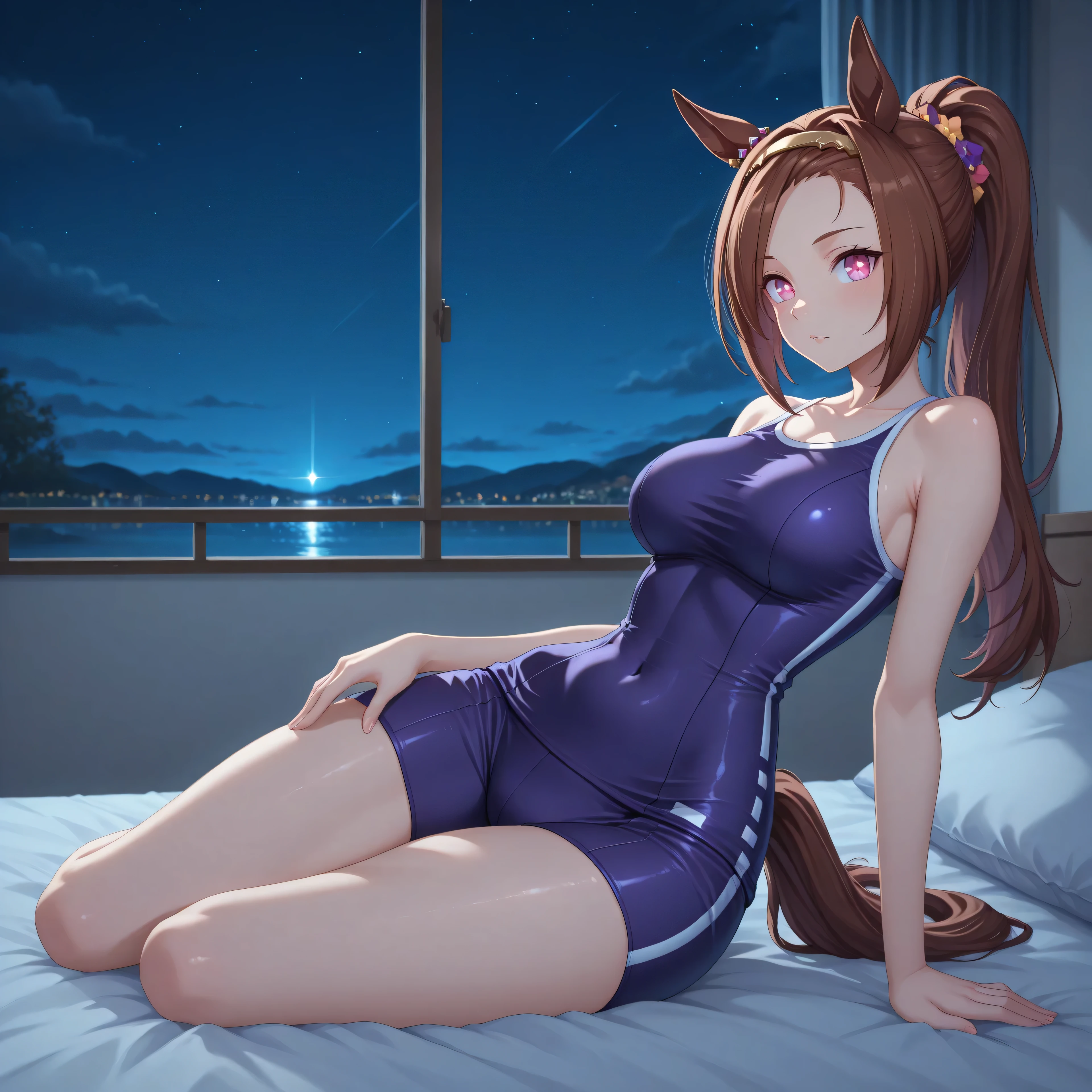 anime, lazypos, masterpiece, best quality, amazing quality, dormatory, on bed, night, night time, 1girl, solo, bakushinodef, horse tail, ponytail, gold hairband, horse ears, ear ornament, pink eyes, brown hair, flower-shaped pupils, symbol in eye, flower in eye, tracen swimsuit, casual