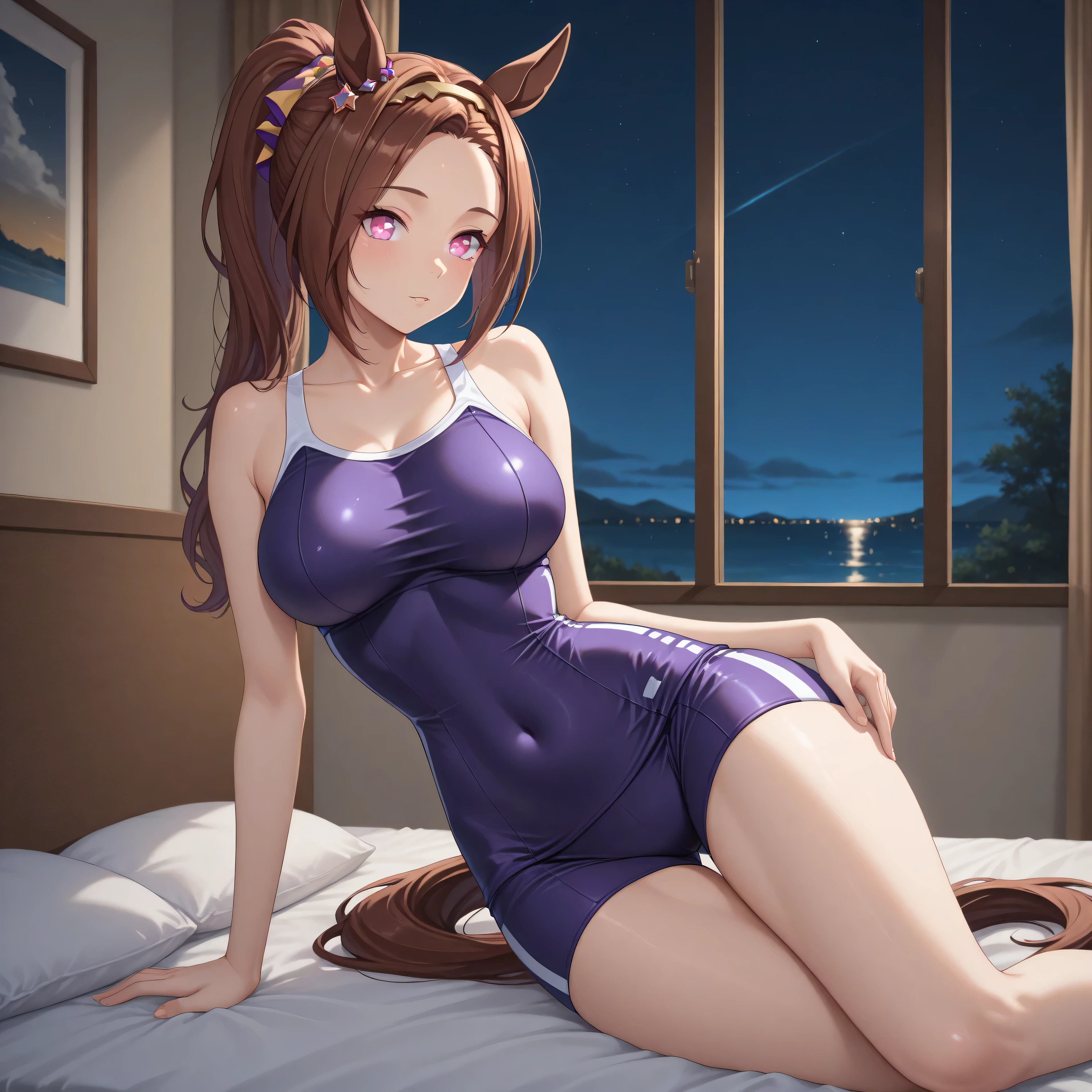 anime, lazypos, masterpiece, best quality, amazing quality, dormatory, on bed, night, night time, 1girl, solo, bakushinodef, horse tail, ponytail, gold hairband, horse ears, ear ornament, pink eyes, brown hair, flower-shaped pupils, symbol in eye, flower in eye, tracen swimsuit, casual